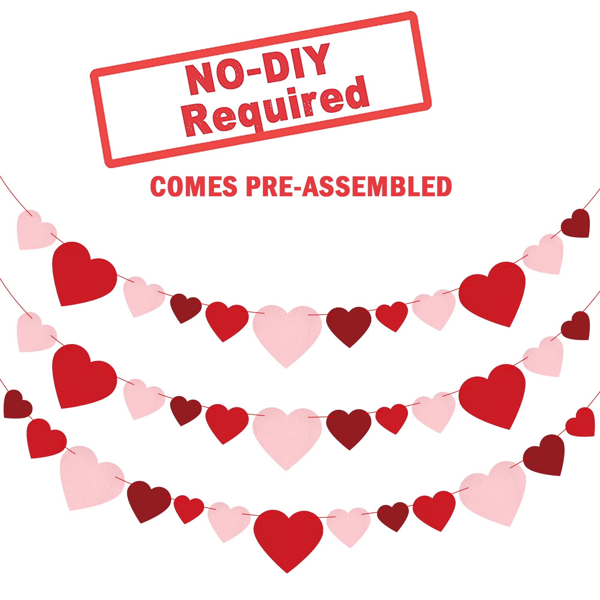 KatchOn Felt Valentine's Day Garland - 3 Strings, 8.2 Feet Red Heart Banner for Wall Decor | Ready-to-Hang Galentine's Day & Valentine's Party Decorations | Perfect for Home, Office, Wedding, Baby Shower & Romantic Events