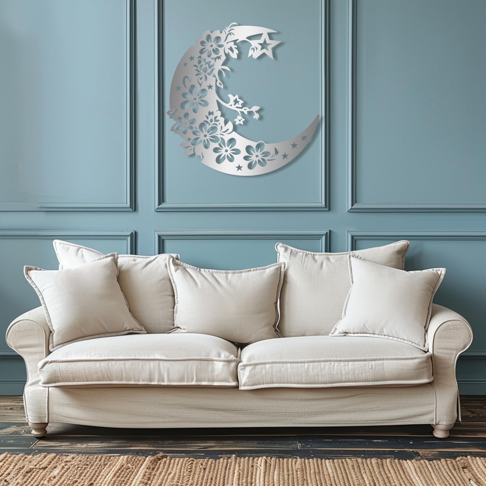 Metal Moon and Stars Wall Decor - Boho Moon Wall Art for Living Room, Bedroom & Office - Handcrafted Metal Flower Wall Hanging - Perfect for Home, Nursery & Workspace Decor