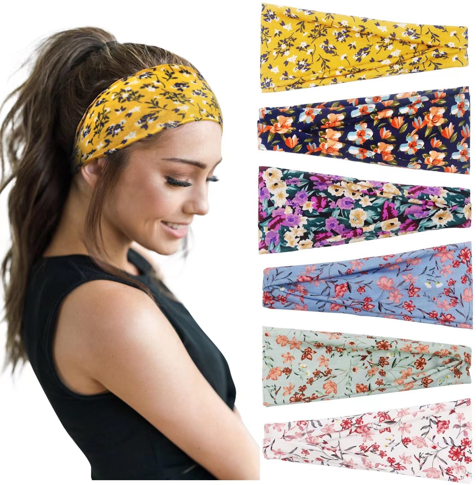 Huachi Women's Boho Floral Print Headbands - 6 Pack Non-Slip Hairbands for Workout, Yoga, Exercise & Summer Fashion | Perfect for Gym, Running, Tennis & Outdoor Activities