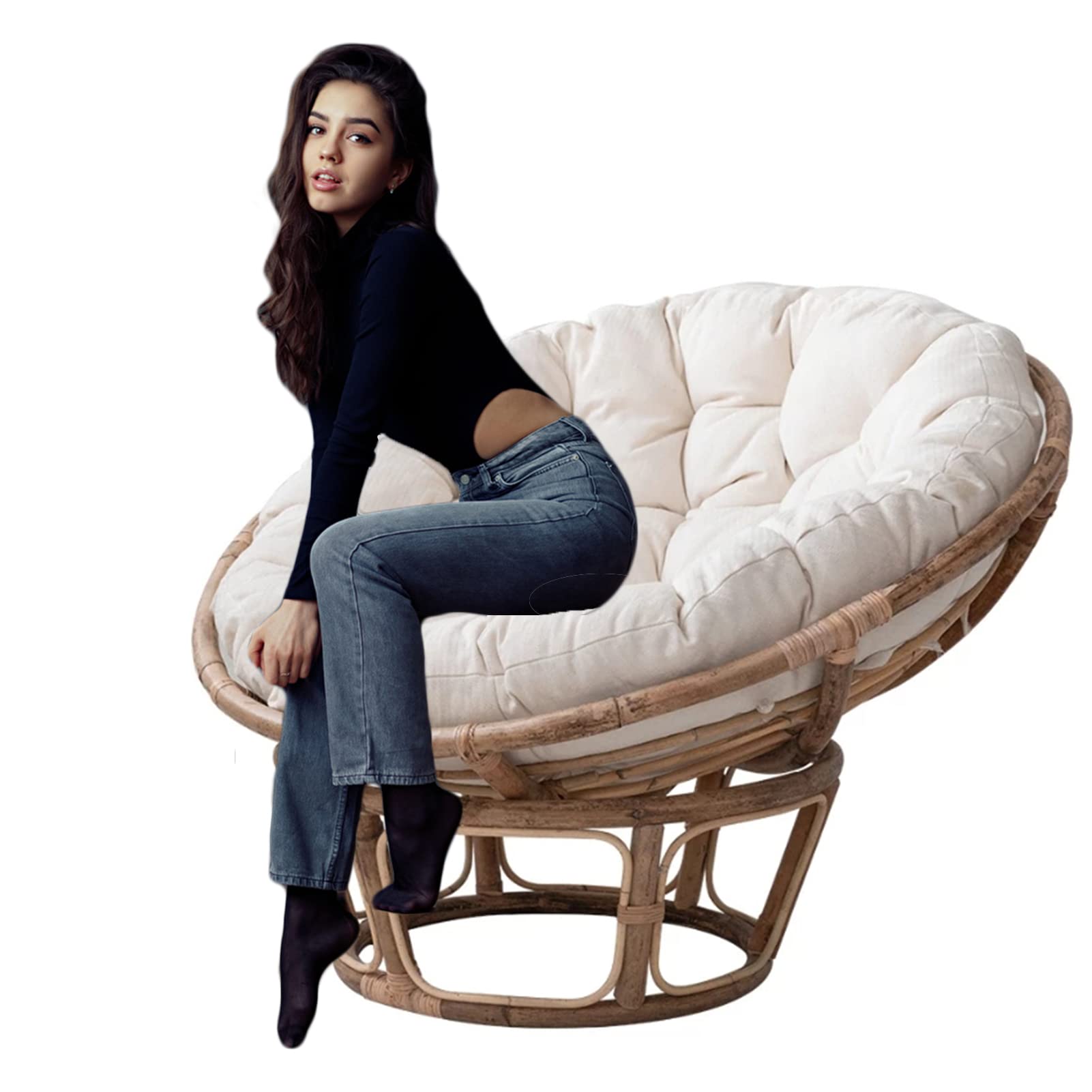 Soft Fluffy Papasan Chair Cushion - 130x130cm White Overstuffed Egg Shaped Hammock Swing Seat Pad for Indoor & Outdoor Use - Perfect for Home, Garden, Patio, and Relaxation