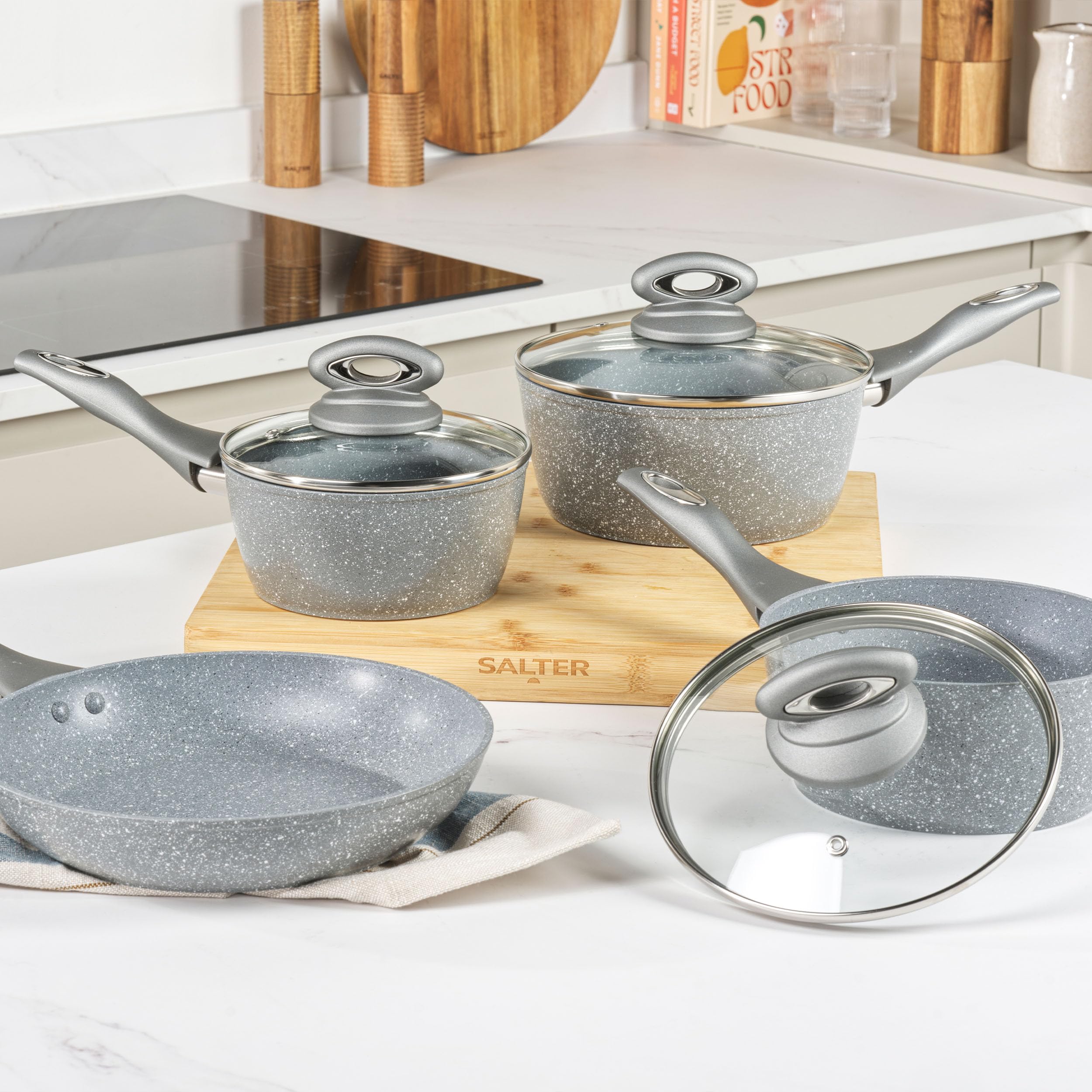 Premium Salter Marblestone 4-Piece Nonstick Cookware Set - 16cm, 18cm, 20cm Sauce Pans with Lids & 24cm Frying Pan | PFOA-Free Forged Aluminum, Induction Compatible | Perfect for Everyday Cooking, Meal Prep & Family Dinners