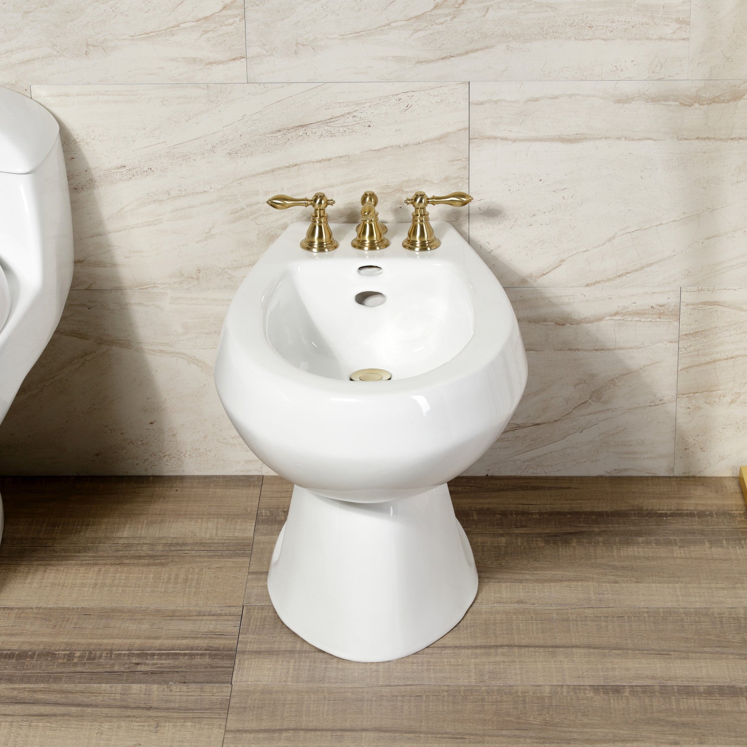 KB327ACL Brushed Brass 3-Handle Deck Mount Bidet Faucet with Vertical Spray & Brass Pop-Up - Perfect for Modern Bathrooms, Powder Rooms & Luxury Home Upgrades