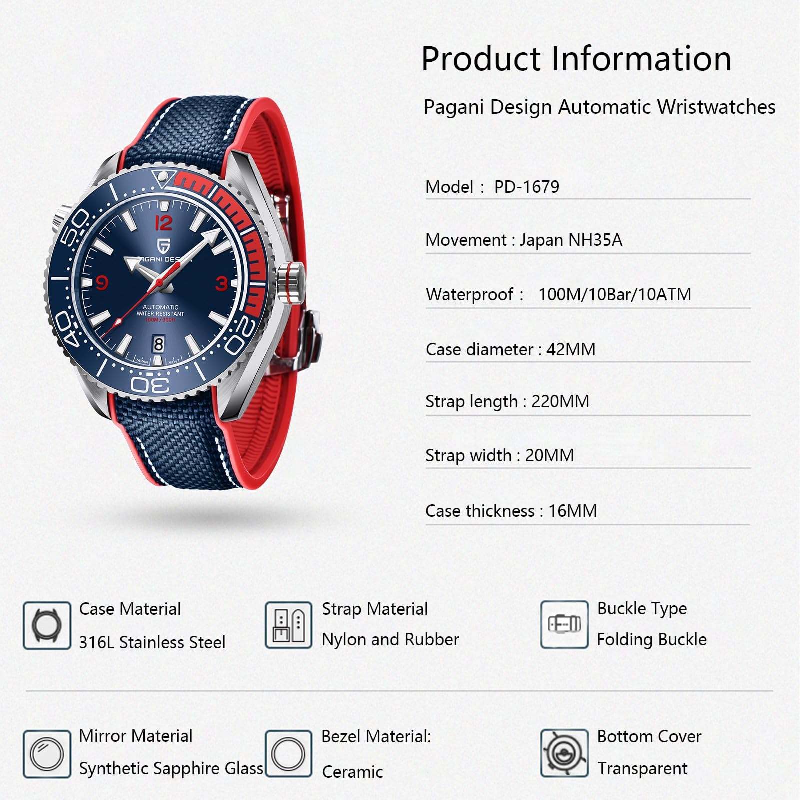 Pagani Design Men's Automatic Mechanical Sports Diving Watch with NH35 Movement - Waterproof Wristwatch for Men | Perfect for Swimming, Diving & Outdoor Adventures