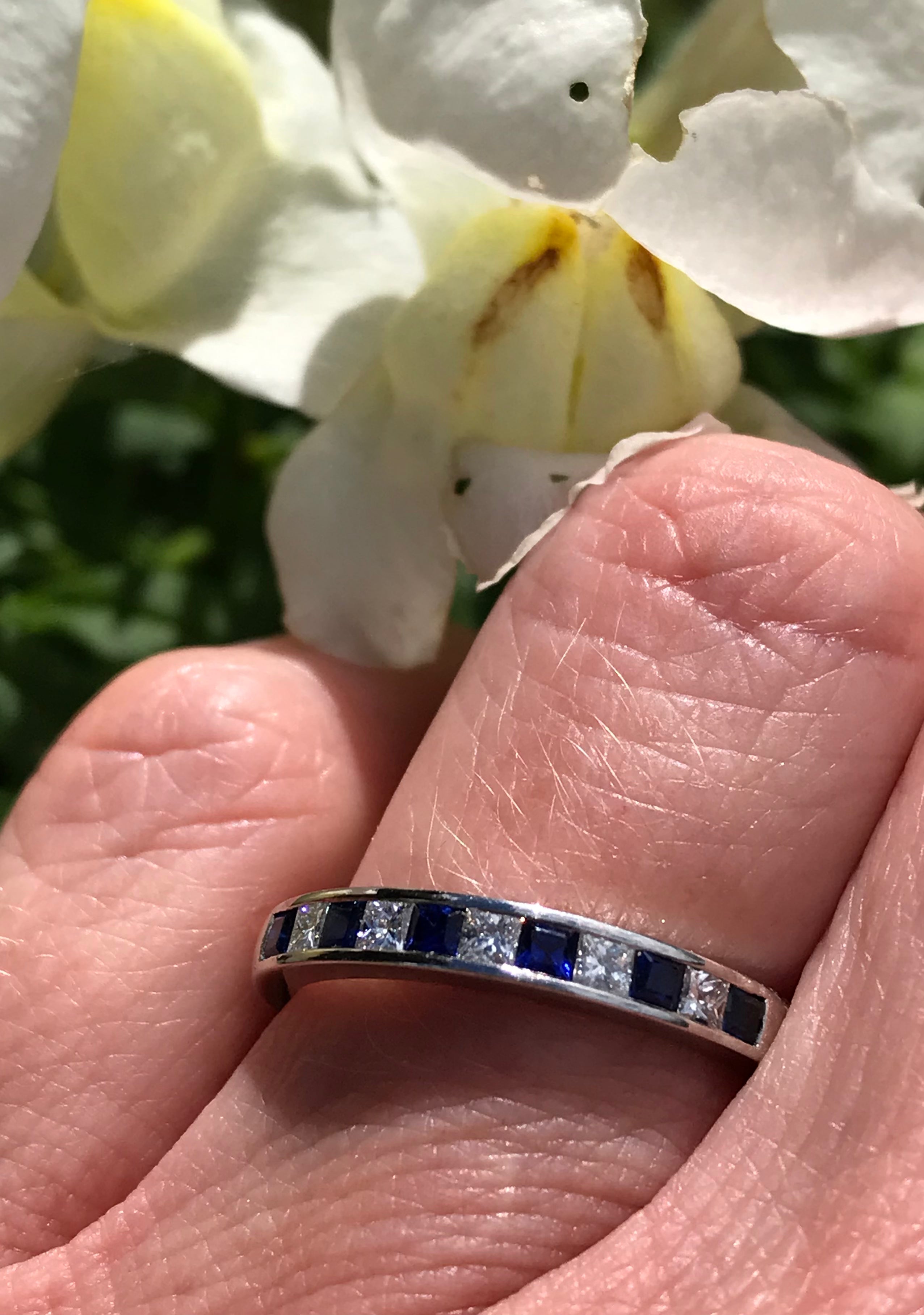 Platinum Sapphire & Diamond Half Eternity Ring for Women - Elegant Wedding Band, Anniversary Gift, or Engagement Jewelry - Perfect for Special Occasions & Everyday Luxury