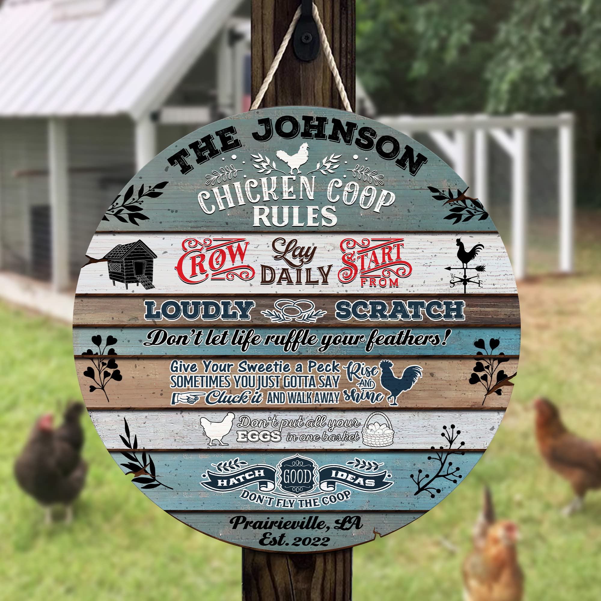 V VIBEPY Custom All Over Printed Wood Signs - Personalized Chicken Coop Rules, Funny Farmhouse Decor (12