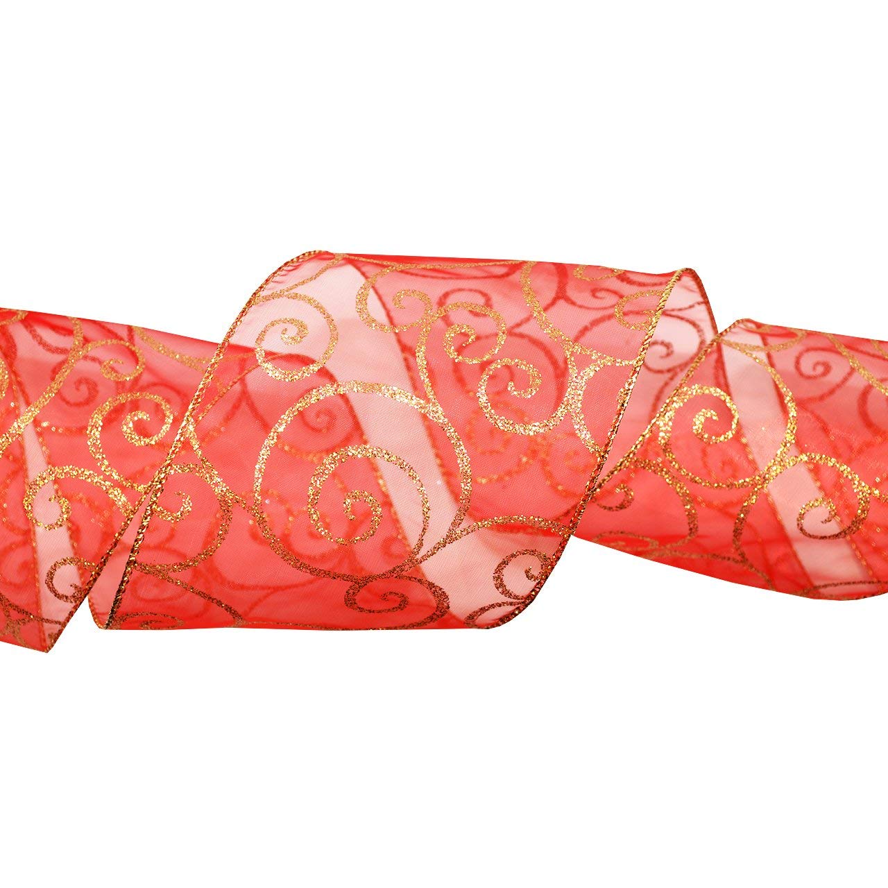 Morex 4-Inch x 25-Yard Wired Sheer Glitter Ribbon Spool - Red/Gold Swirl Design for Gift Wrapping, Christmas Decorations & Craft Projects