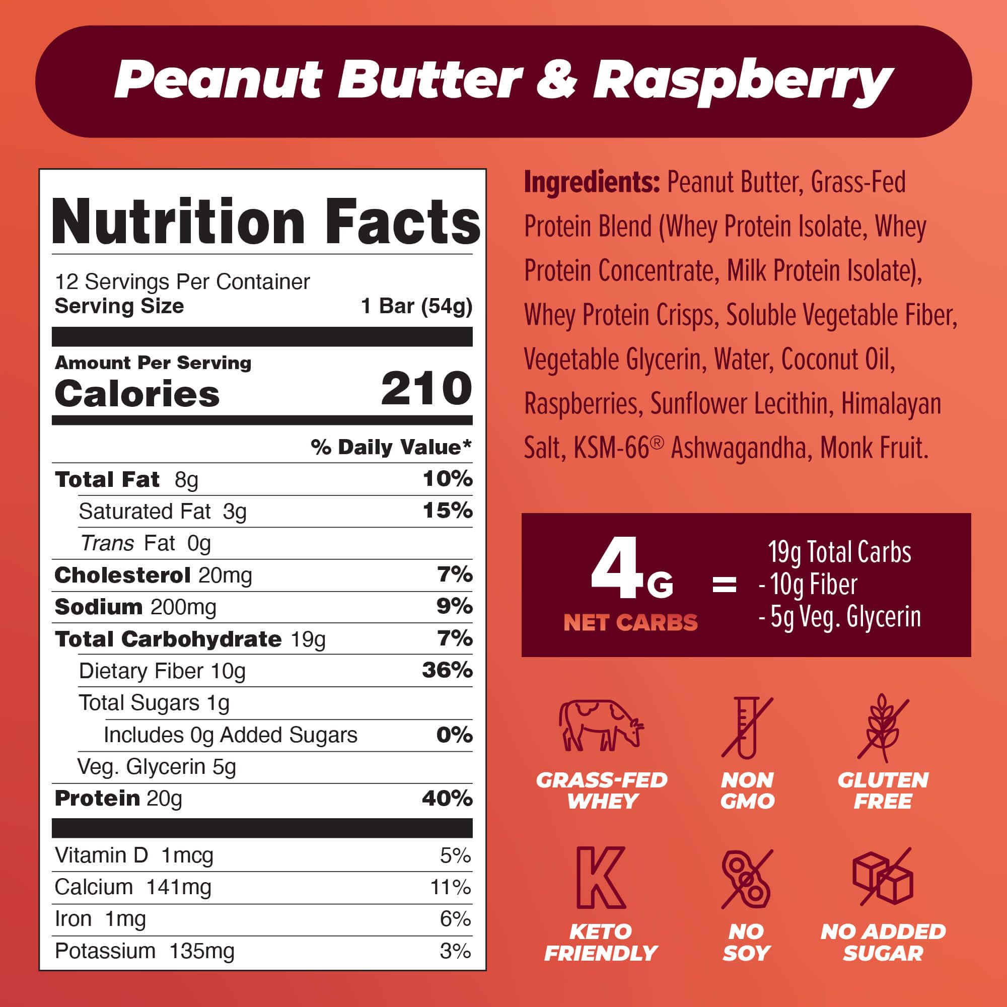 Atlas Protein Bar - 20g Protein, 1g Sugar, Clean Ingredients, No Seed Oils - Peanut Butter Raspberry Flavor (24 Count) | High Protein Snack for Gym, Hiking & Healthy On-the-Go Lifestyle