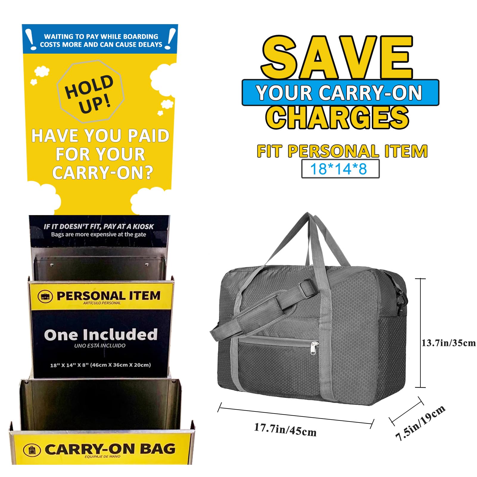 Foldable 18x14x8 Inch Carry-On Duffel Bag for Spirit Airlines - Personal Item Approved Travel Bag for Men & Women - Perfect for Airplane Trips, Weekend Getaways & Gym Use