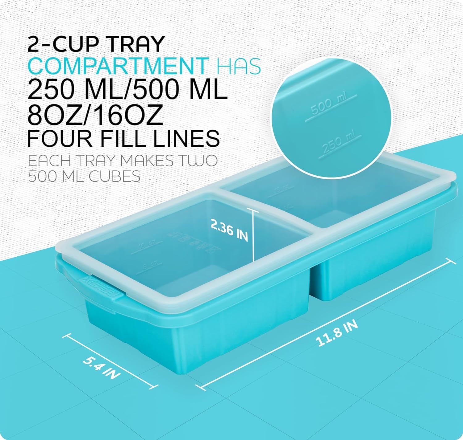 Extra Large Silicone Freezer Tray with Lid - 2-Cup Soup Freezer Container Molds (2-Pack) - Makes 4 Perfect 500ml Portion Cubes for Soup, Stew & Sauce - Oven & Dishwasher Safe - Ideal for Meal Prep, Baby Food Storage & Bulk Cooking