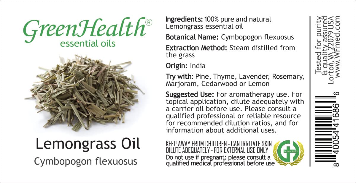 100% Pure Lemongrass Essential Oil - 2 fl oz (59 ml) Glass Bottle with Dropper Cap - Aromatherapy, Diffuser, Massage & DIY Skincare - GreenHealth Brand