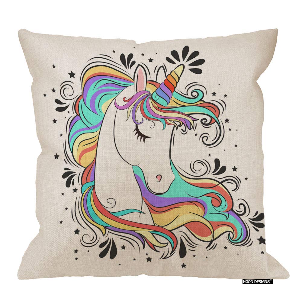 HGOD DESIGNS White Unicorn Throw Pillow Covers 18x18 Inches - Cute Rainbow Hair Unicorn Pillow Cases for Sofa, Bed, Living Room Decor - Soft Home Decorative Accents for Girls Bedroom, Nursery, Dorm Room