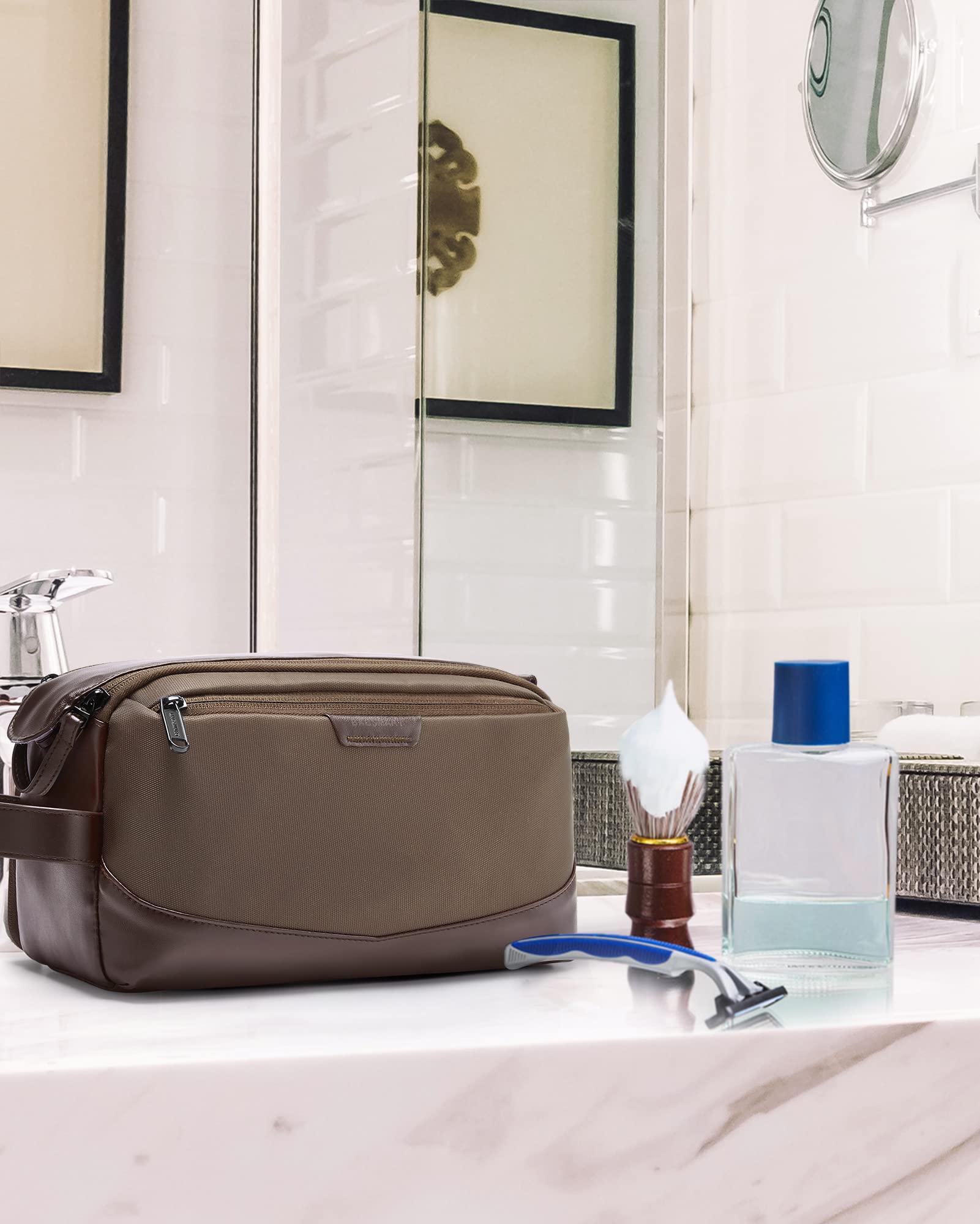 BAGSMART Large Water-resistant Travel Toiletry Bag for Men - Durable Shaving Dopp Kit Organizer with Multiple Pockets, Perfect for Toiletries & Accessories (Brown) | Ideal for Business Trips, Gym, Camping & Weekend Getaways