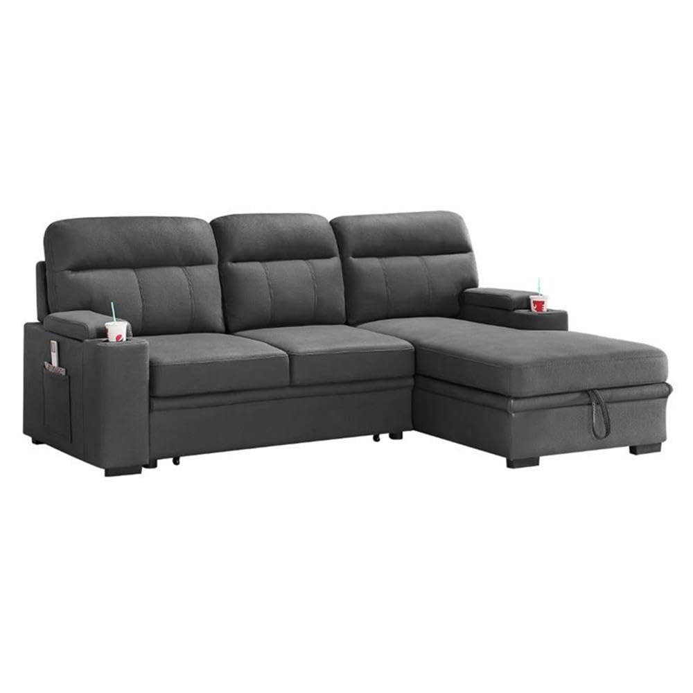 MAKLAINE Modern Microfiber Sectional Sofa with Chaise, Storage & Cup Holders - Gray Contemporary Sleeper Sofa for Living Room, Home Theater & Small Spaces