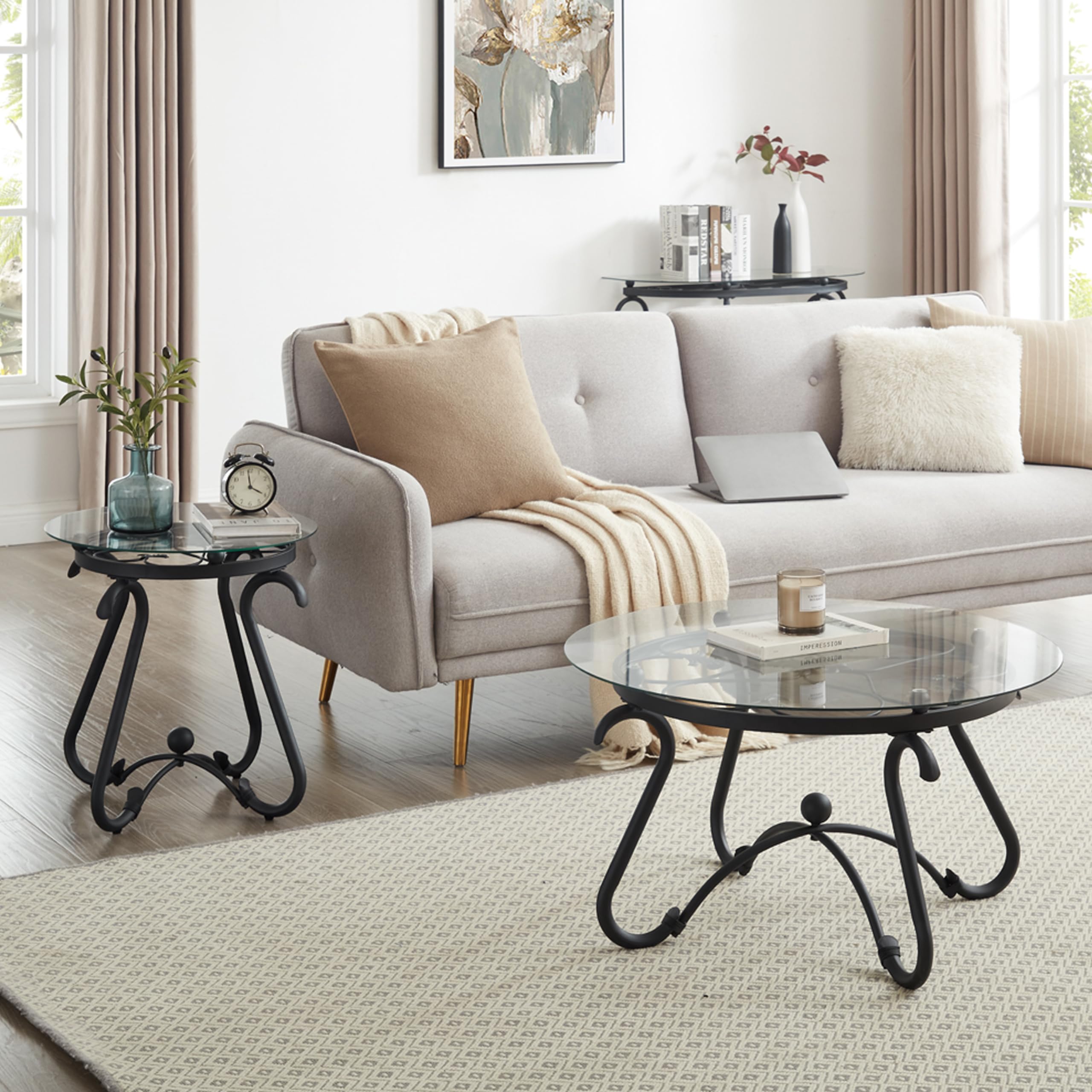 Modern Glass Coffee Table and End Table Set of 2 - Tempered Glass Top with Sturdy Metal Frame - Black Living Room Center & Sofa Side Tables - Perfect for Home Office, Lounge & Small Space Decor