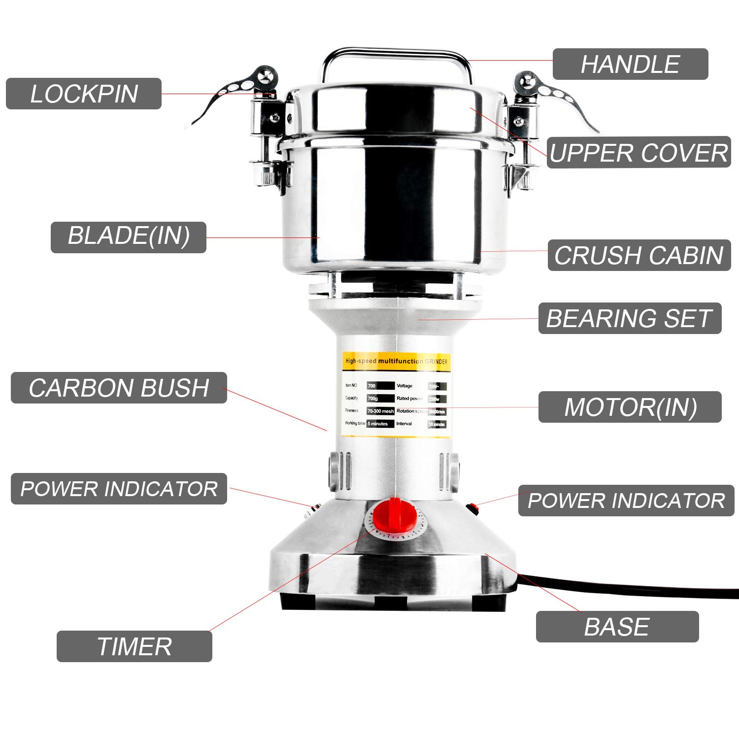 700g Commercial Electric Grain Mill Grinder - 2500W High-Speed Stainless Steel Powder Machine for Spices, Herbs, Pepper & Coffee - 70-300 Mesh, 36000 RPM - Perfect for Home Kitchens, Bakeries & Coffee Shops
