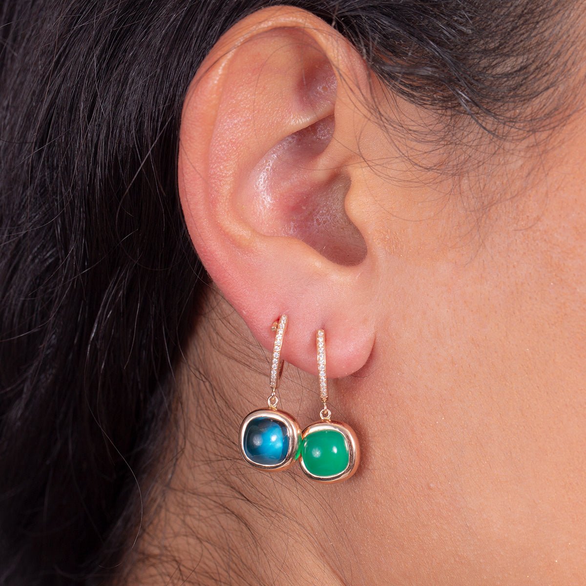 Reversible 14k Rose Gold Hoop Earrings with Green Agate, Blue Topaz & Diamonds – Elegant Bezel Set for Women | Perfect for Weddings, Parties & Everyday Wear