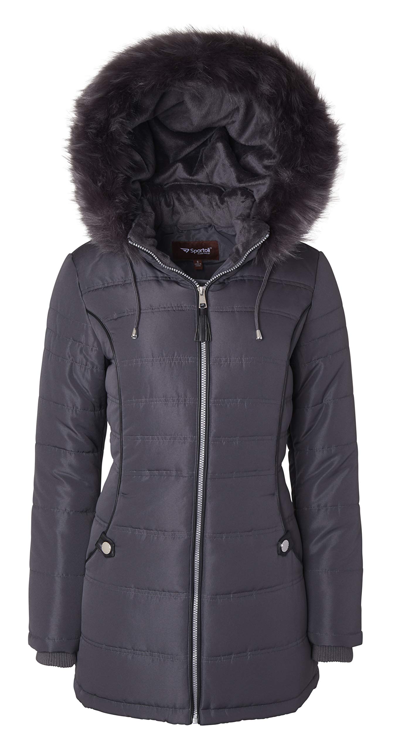 Women's Warm Long Down Alternative Puffer Jacket with Detachable Plush-Lined Fur Hood - Charcoal (Small) | Winter Coat for Cold Weather, Outdoor Activities & Daily Commute