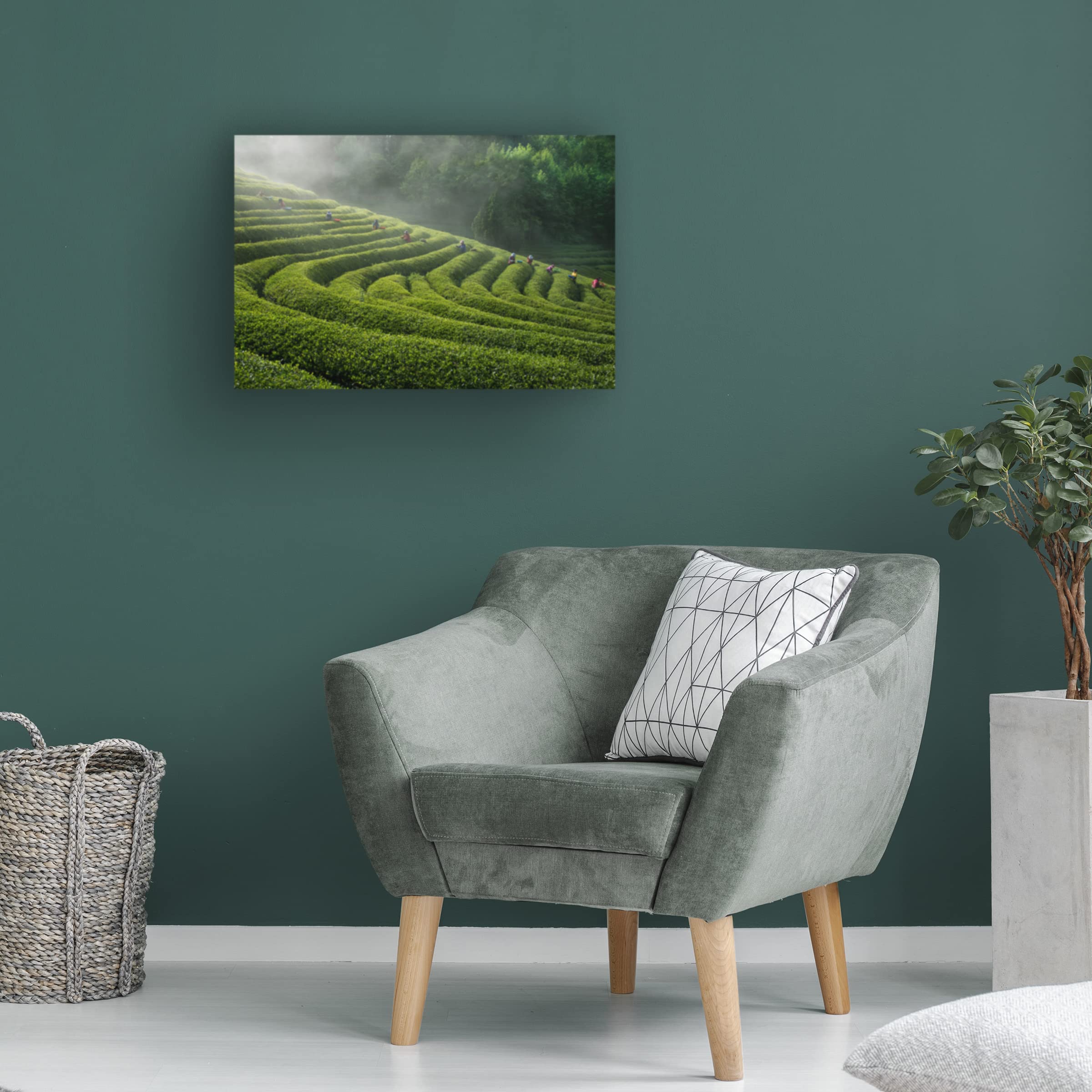 Green Tea Farm Canvas Art Print by Bongok Namkoong - Handmade Asian Landscape Painting for Living Room, Bedroom & Office Decor