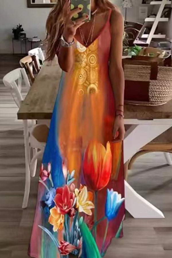 Stylish Printed V-Neck Maxi Dress with Suspenders - Perfect for Casual Outings, Beach Vacations & Summer Parties
