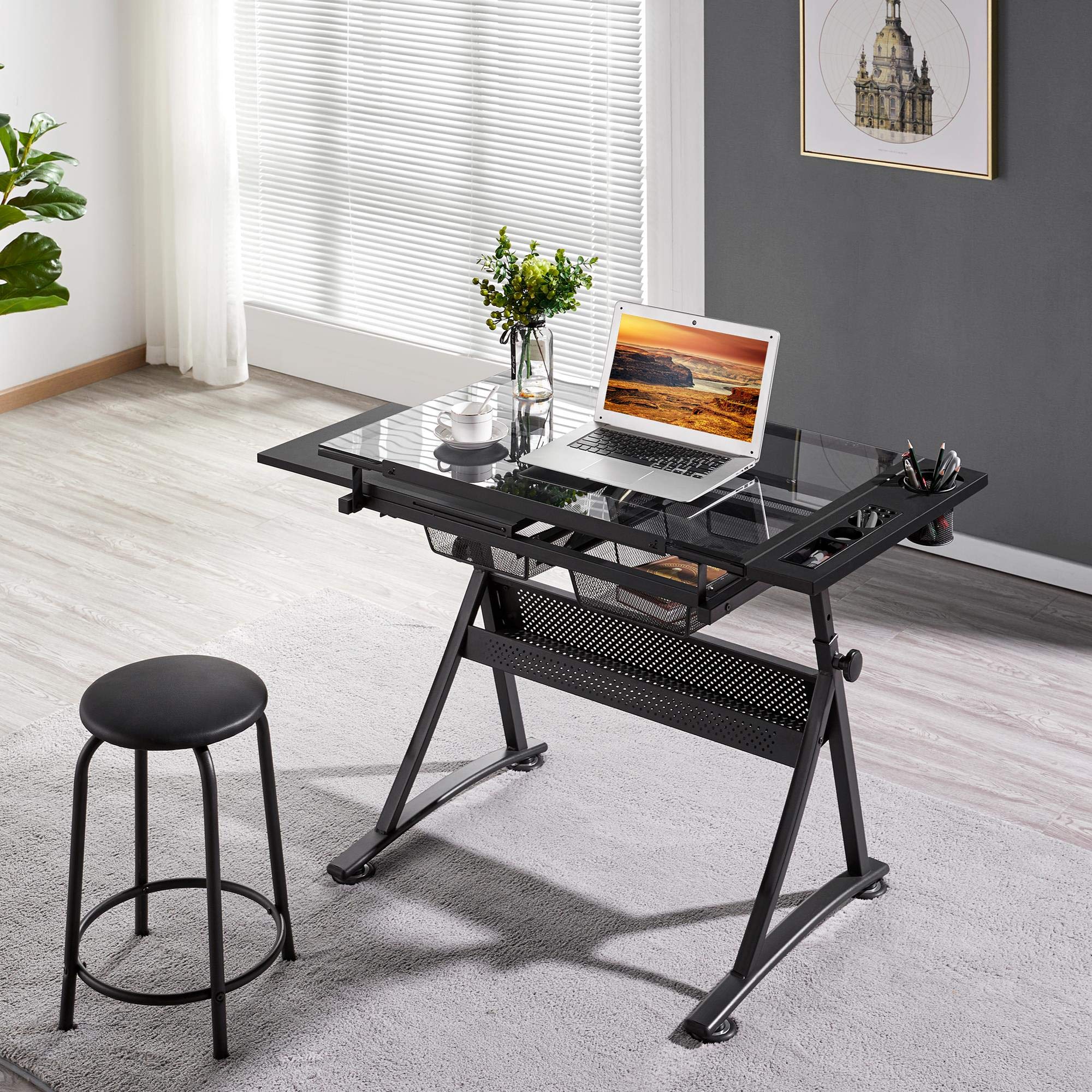 Yaheetech Adjustable Drafting Table with Stool - Art Desk for Painting & Crafting at Home