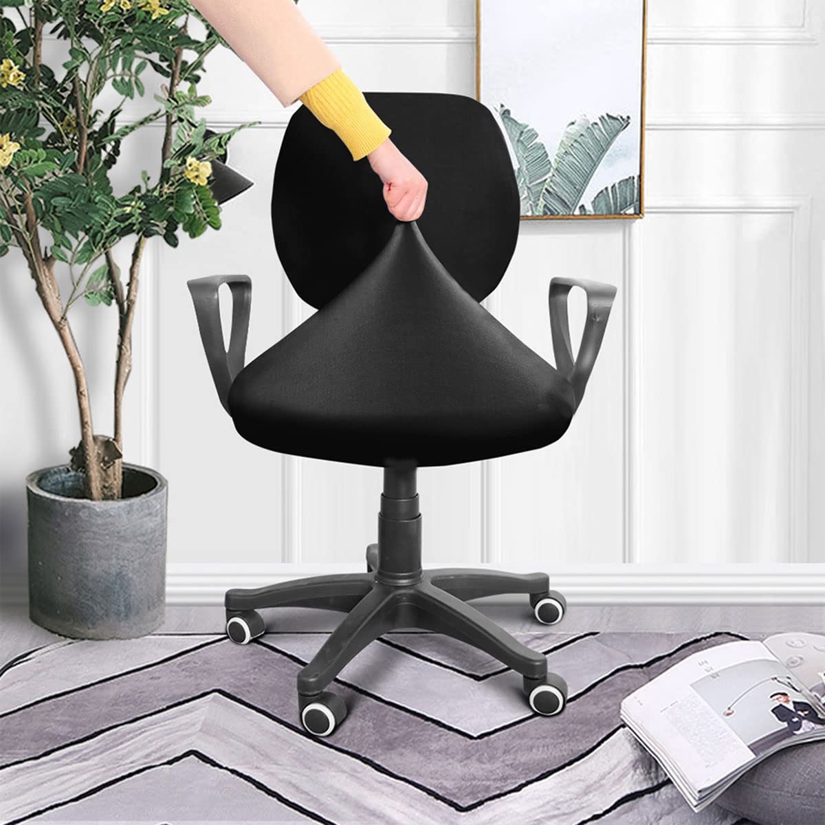 Black Split Rotating Desk Chair Slipcover - Removable Stretch Polyester Office Chair Cover for Swivel & Armrest Chairs - Computer Chair Protector - Perfect for Home Office, Gaming & Workspace Use