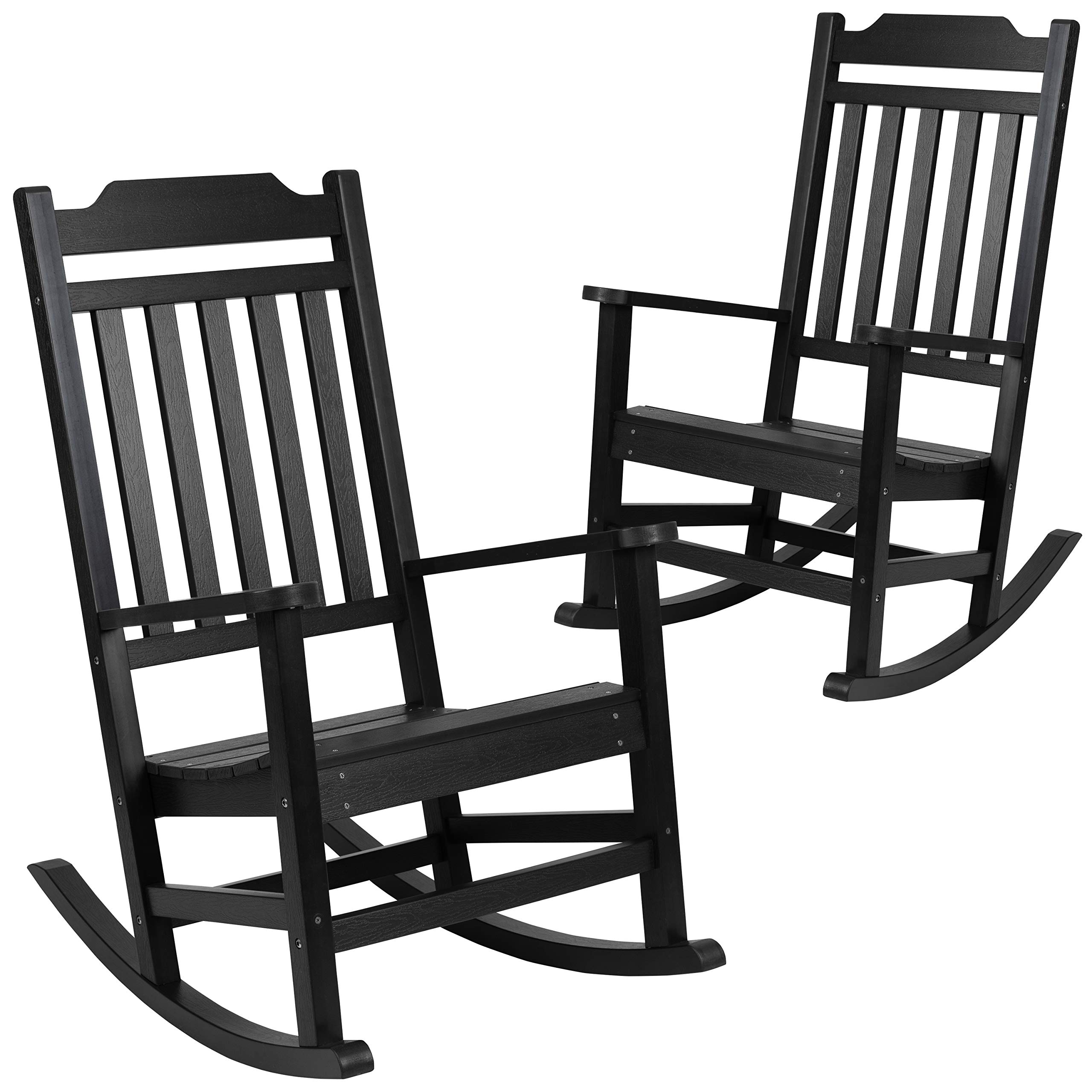 EMMA + OLIVER Set of 2 All-Weather Rocking Chairs - Black Poly Resin Faux Wood Outdoor Furniture for Patio, Garden, Deck & Backyard Relaxation
