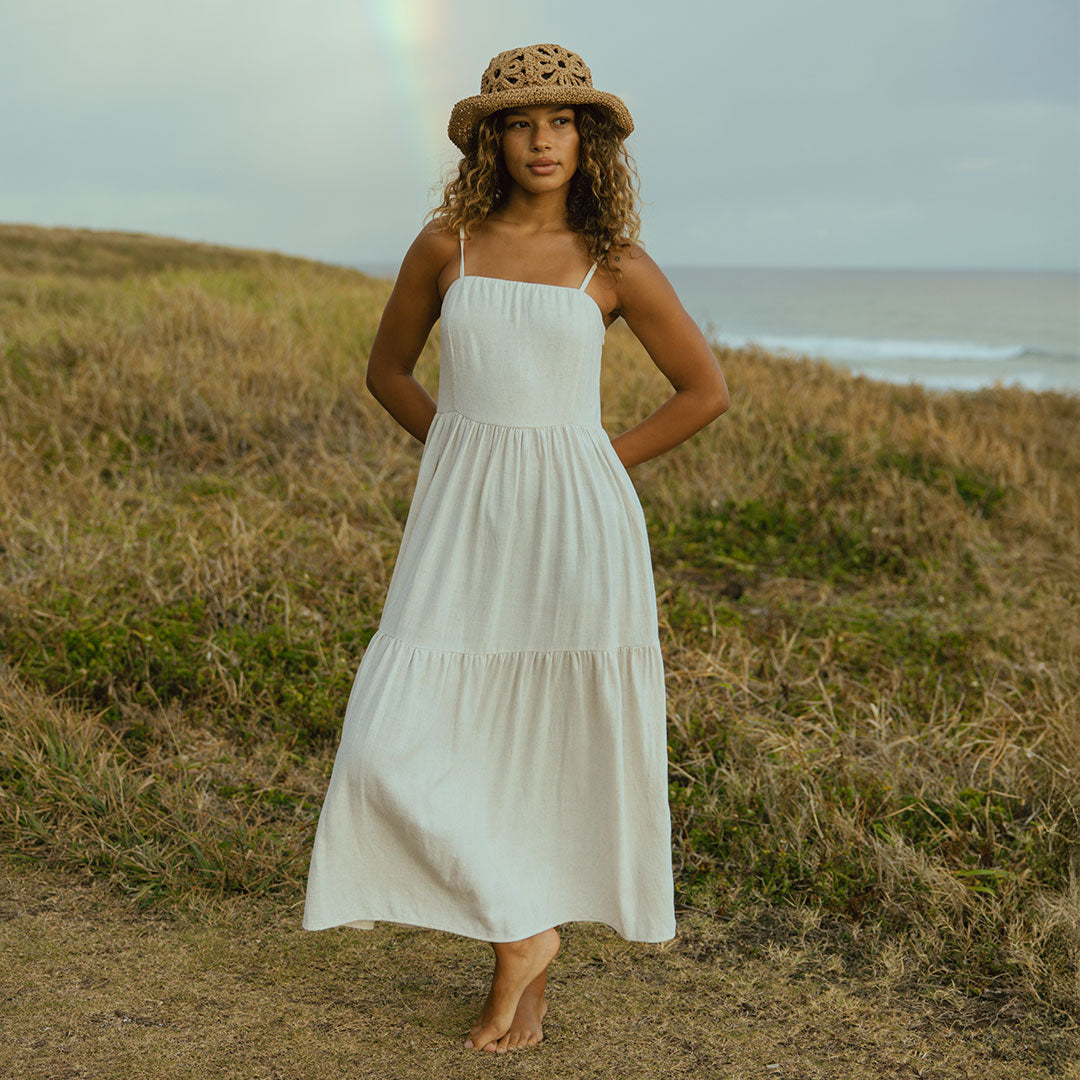 Elegant Cabo Midi Dress in Sand Color - Perfect for Beach Vacations, Summer Parties & Casual Outings
