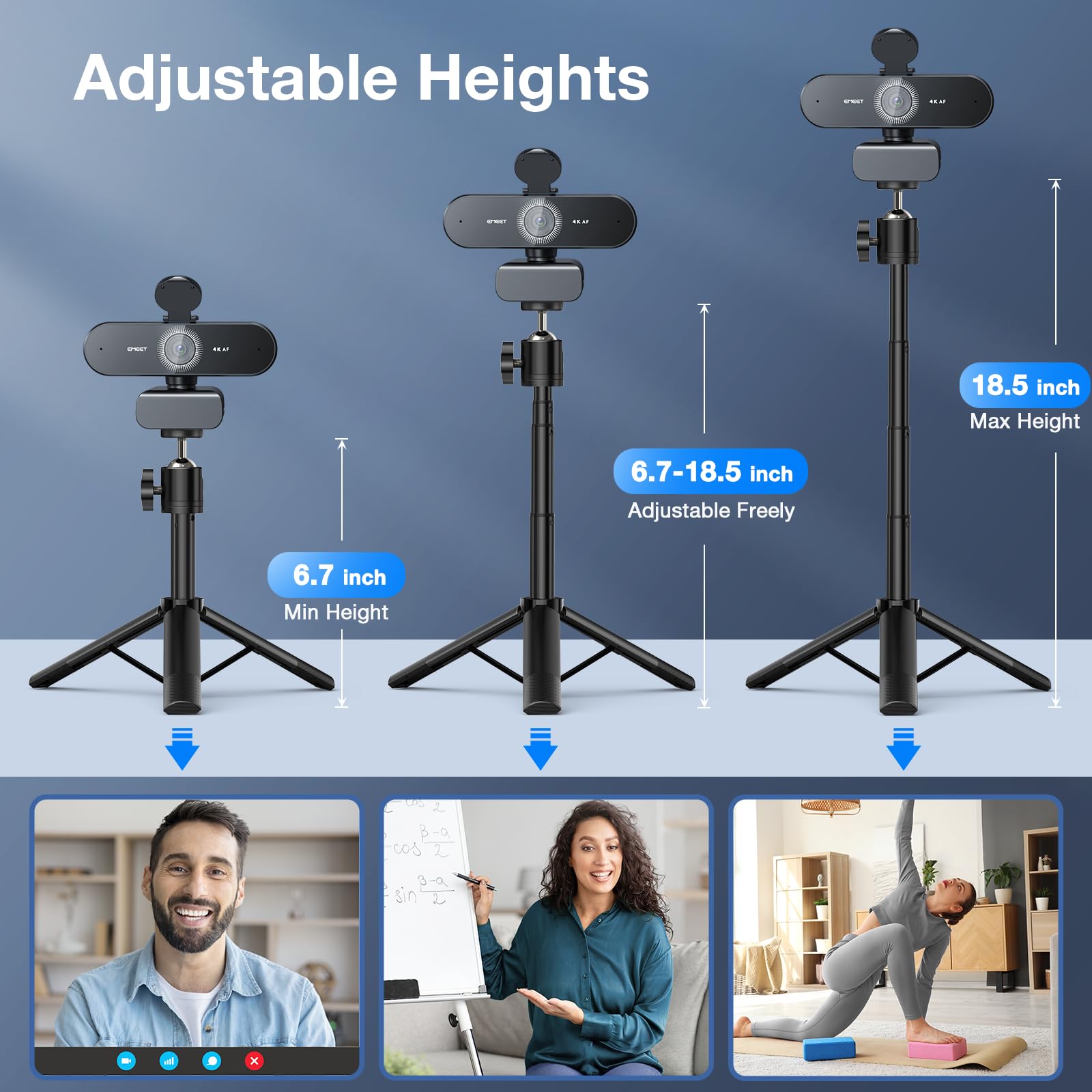 EMEET NOVA 4K Webcam with Tripod Stand - 4K UHD Streaming Camera with PDAF Autofocus, Adjustable Height & 360° Swivel Head, Dual Noise-Canceling Mics, USB Plug & Play, Privacy Cover - Perfect for Zoom Meetings, YouTube Live Streaming & Remote Work