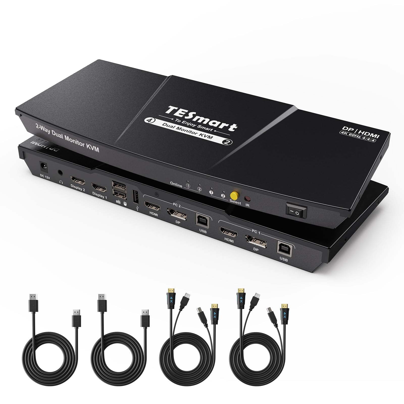 TESmart 2-Port Dual Monitor KVM Switch - DisplayPort & HDMI 4K@60Hz for 2 Computers, EDID Emulator, USB 2.0 Hub, Audio Support, Hotkey/Button Switching with Cables - Perfect for Home Office, Gaming & Multi-Tasking Workstations
