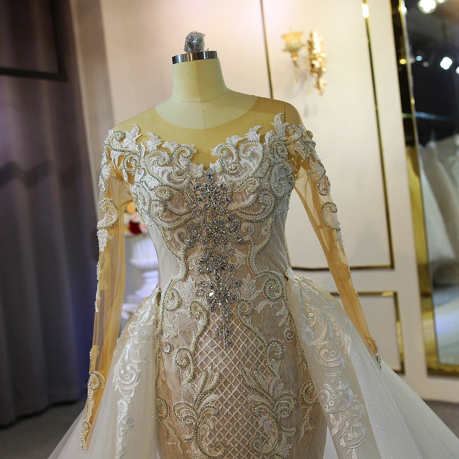 Elegant Mermaid Wedding Gown with Detachable Train & Long Sleeves - Perfect for Beach, Church, and Formal Wedding Ceremonies