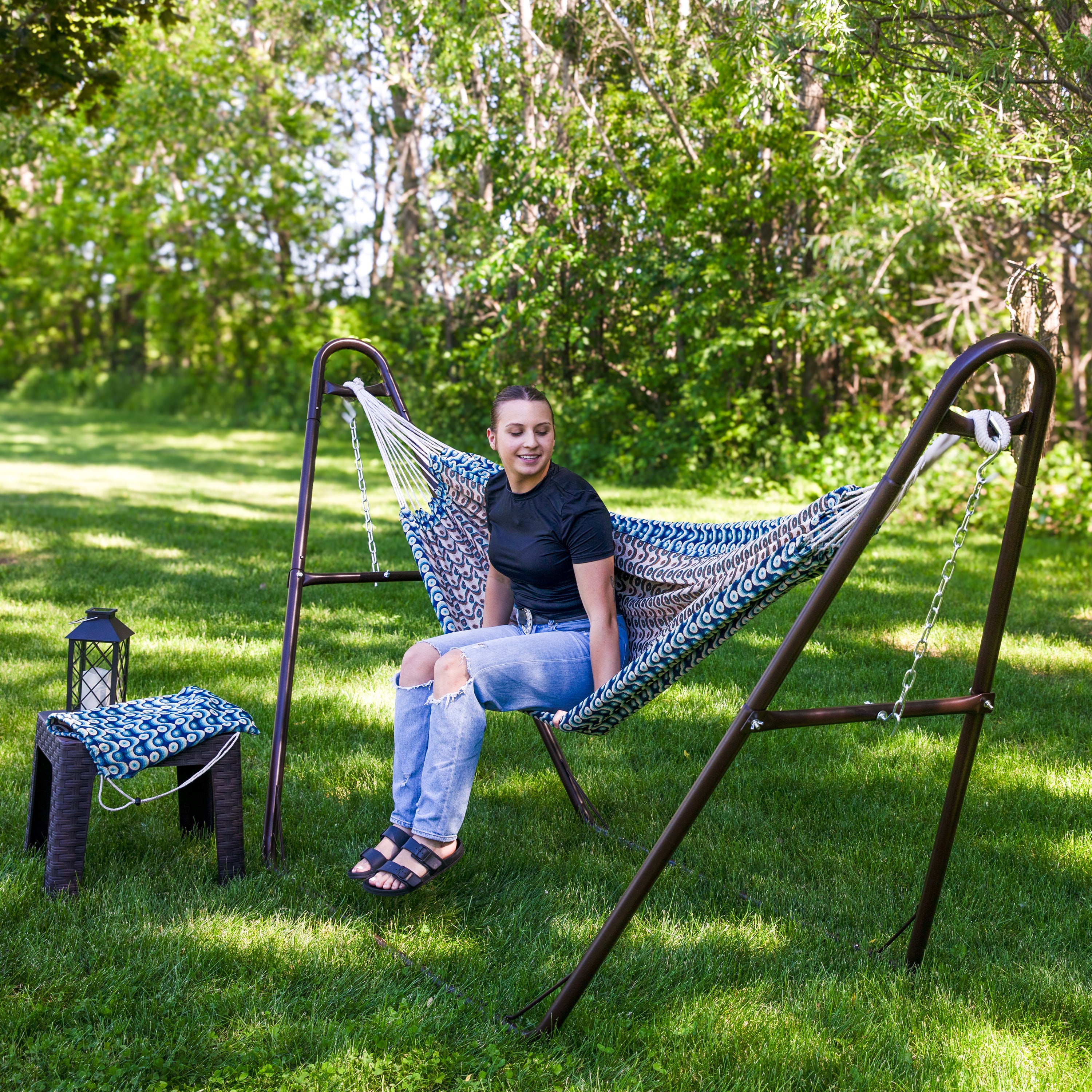Premium Sunnydaze Jacquard Double Outdoor Hammock - Heavy Duty 450lb Capacity, Weather-Resistant Fabric for Backyard, Camping & Beach Relaxation