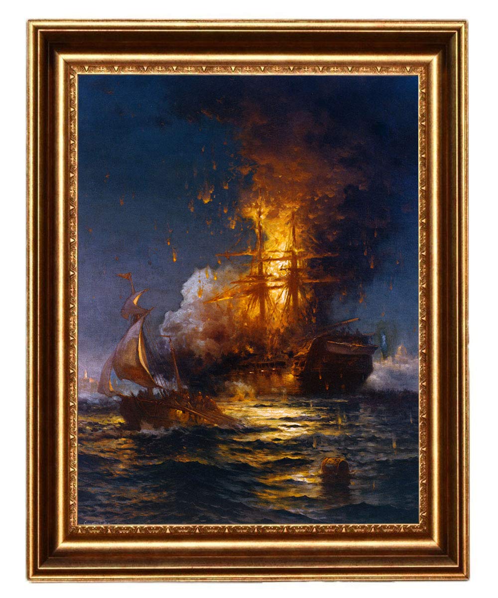 ELITEART USS Philadelphia Burning Historical Oil Painting Reproduction - Giclee Canvas Wall Art Print, Framed Size 29x21 Inches - Perfect for Home, Office & Navy History Enthusiasts
