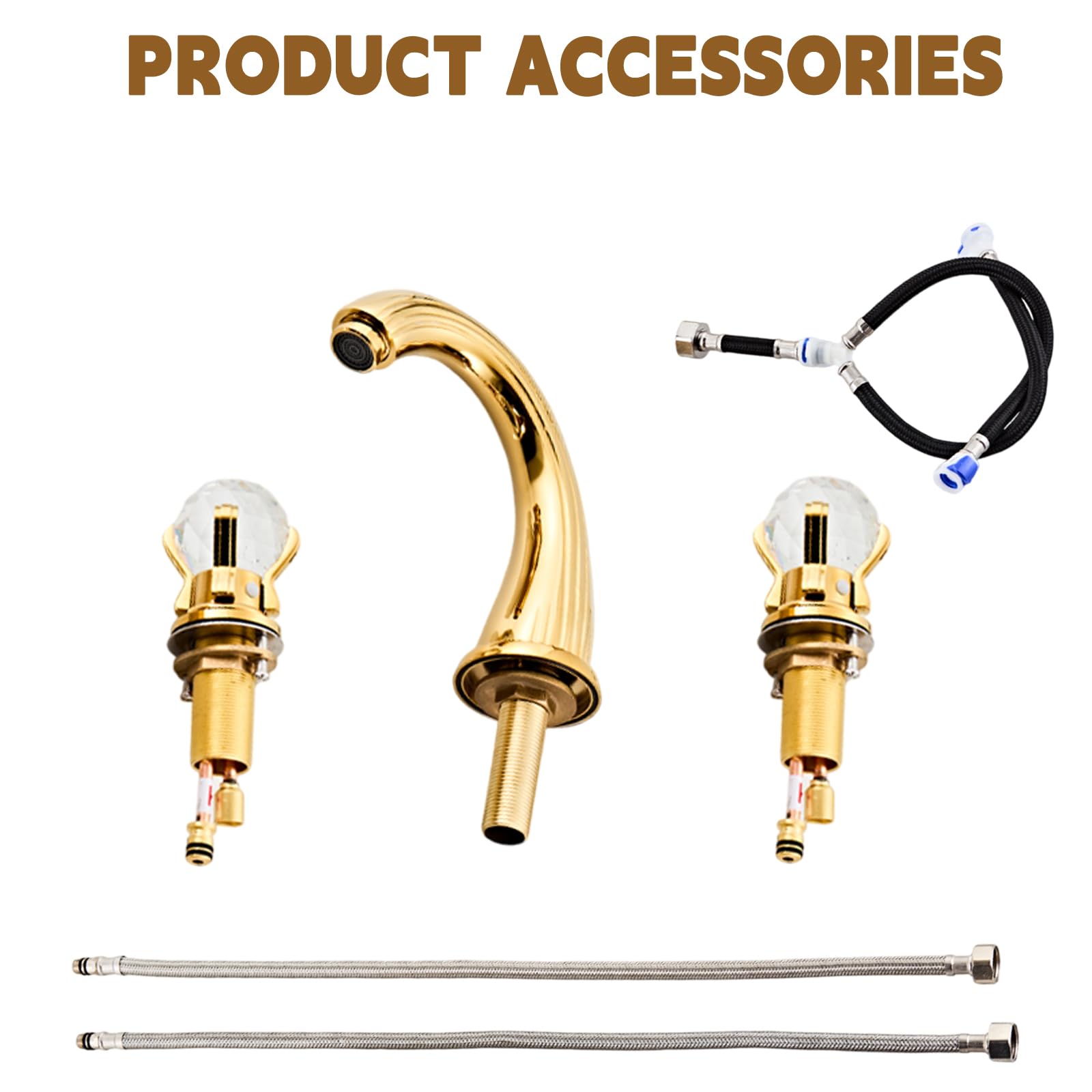 Premium 3-Hole Widespread Brass Bathroom Sink Faucet with Crystal Handle - Gold Ti-PVD Finish - Deck Mount Mixer Tap for Modern Bathrooms & Powder Rooms