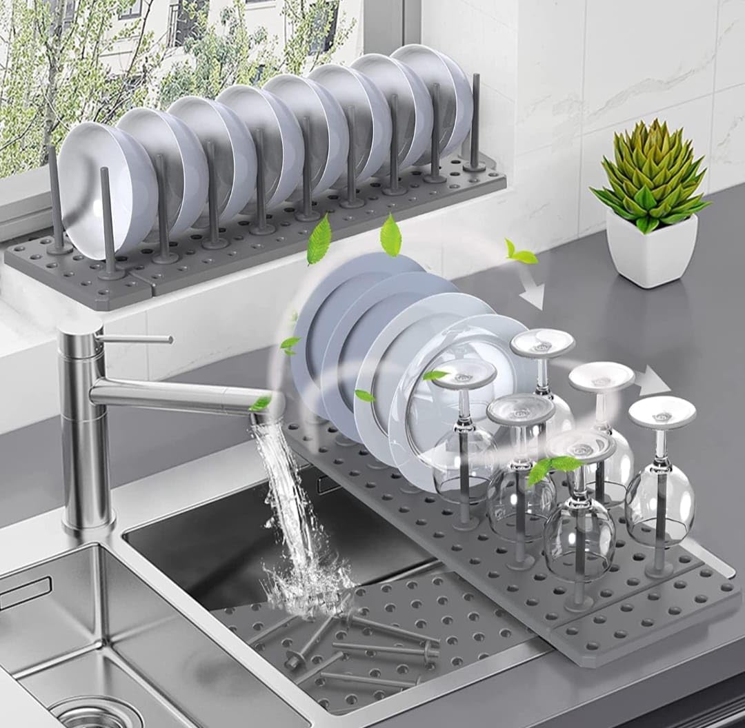 Adjustable Kitchen Cabinet Organizer - Expandable Plate & Bowl Holder, Dish Drying Rack, Pegboard Tray (15x10cm, Grey) - Perfect for Pantry, Cupboard & Countertop Storage