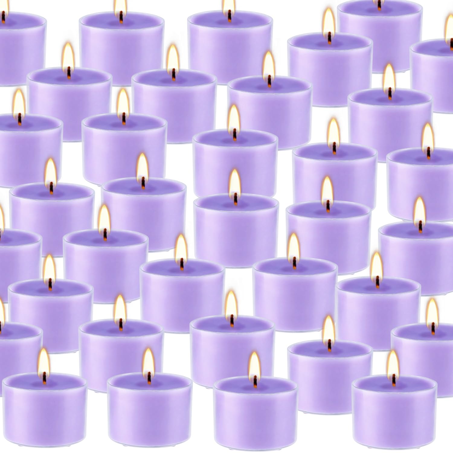 50 Pack Bulk Lavender Scented Tealight Candles - Purple Wax Votive Candles in Clear Cups, 8 Hour Burn Time for Relaxation, Weddings, Birthday Parties, Home Decor & Aromatherapy