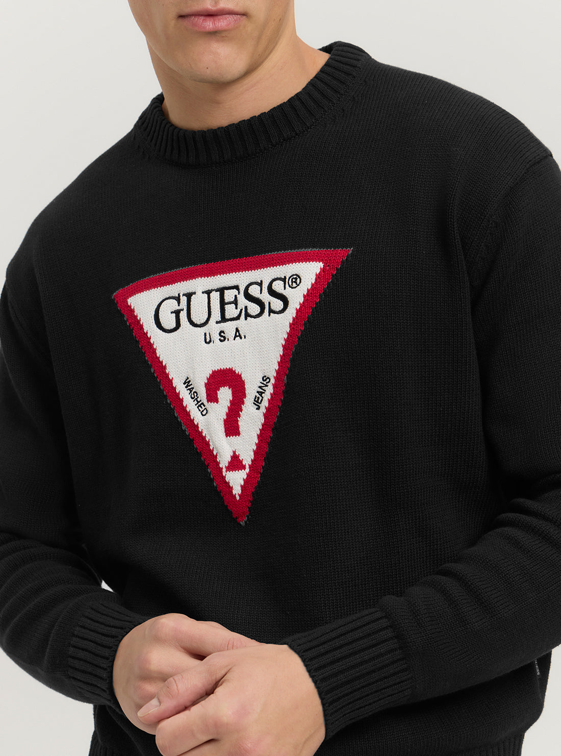 Guess Women's Black Triangle Knit Sweater - Soft Crewneck Pullover for Casual Wear & Fall Fashion