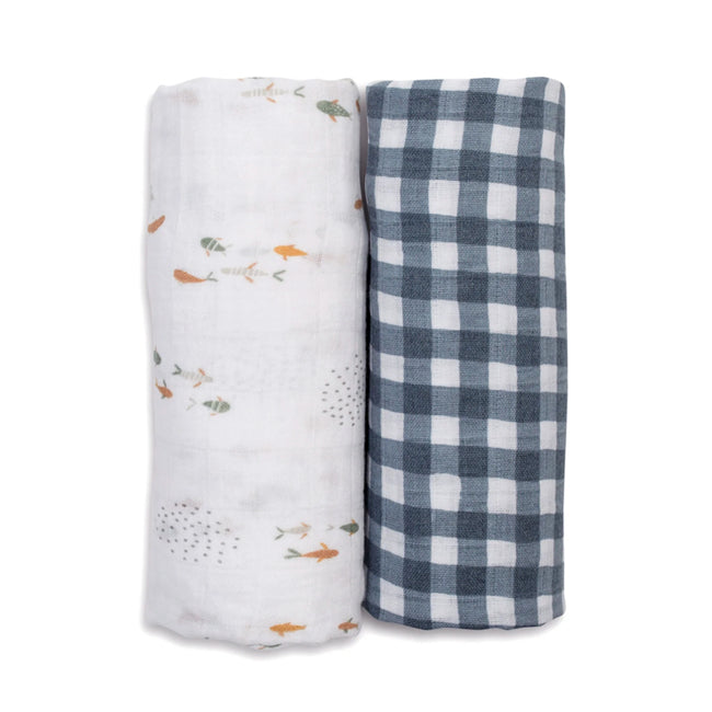 Lulujo Boho 2-Pack 100% Cotton Muslin Swaddle Blankets - Fish Navy Gingham Print | Soft Baby Swaddles for Newborns, Infants & Toddlers | Perfect for Nursery, Photo Shoots & Travel