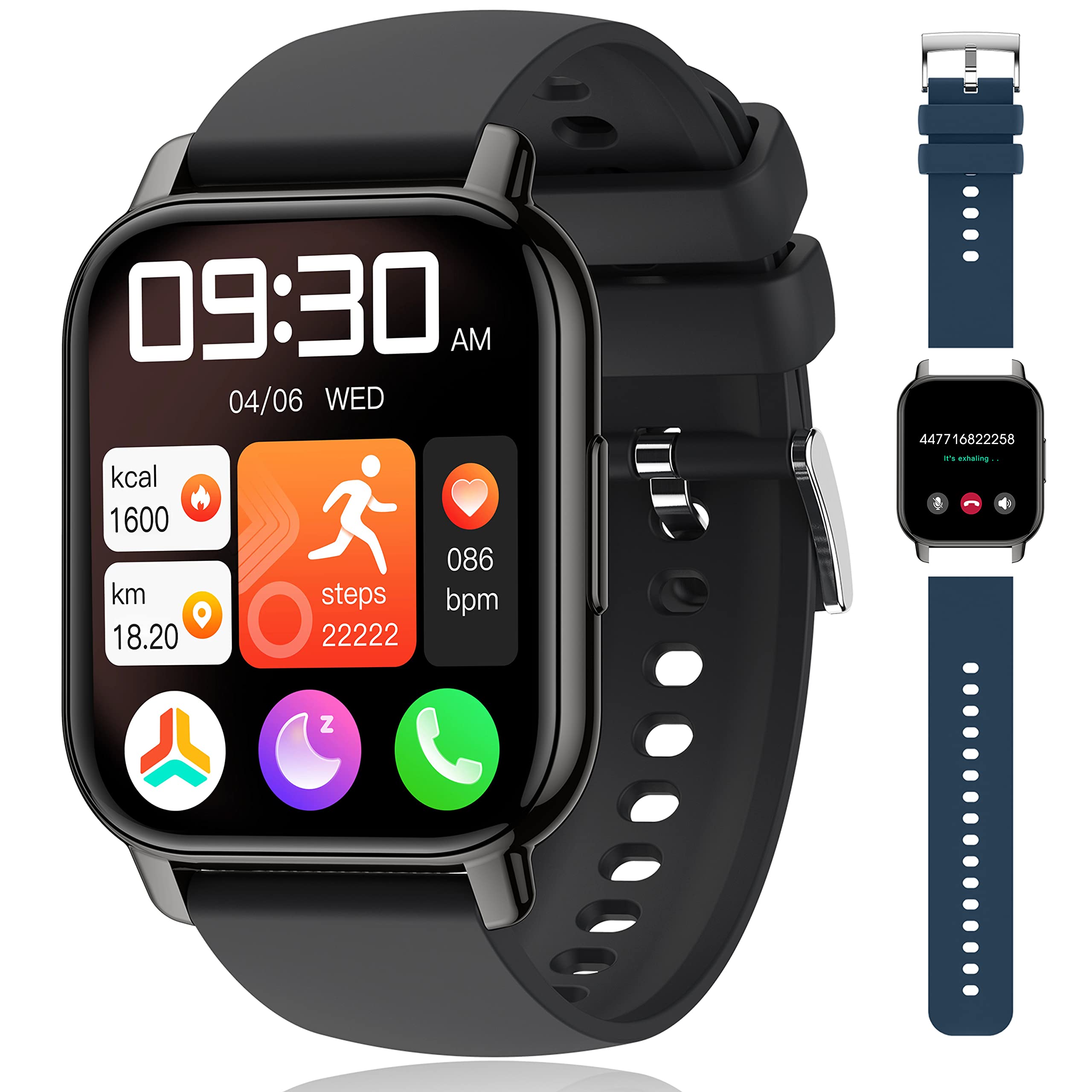 Popglory 1.85 Inch Smart Watch with Call Function, AI Voice Control & Heart Rate Monitor - Fitness Tracker with 2 Straps for Men & Women, Compatible with iOS & Android - Perfect for Workouts, Running & Daily Use