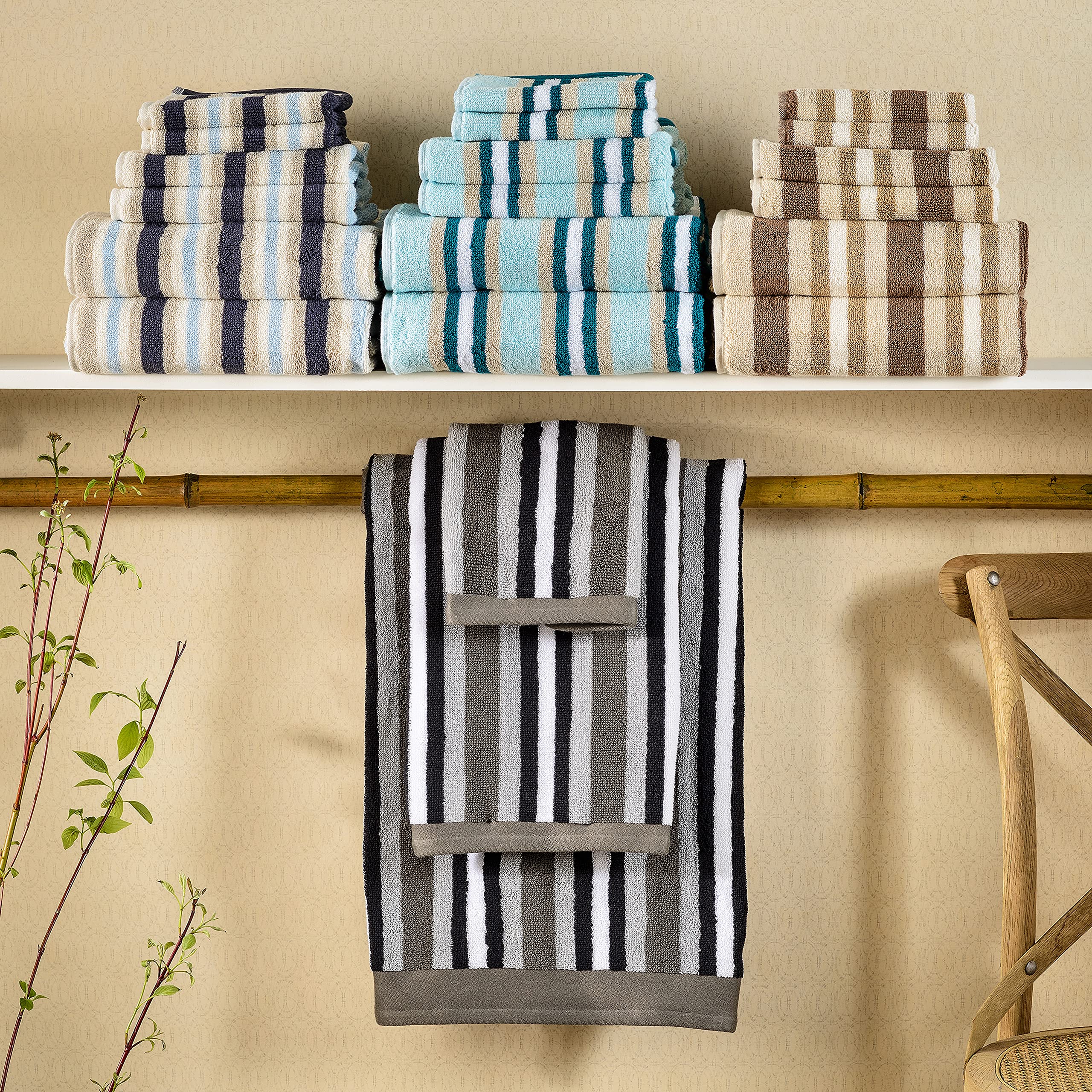 Premium 2-Piece Striped Bath Towel Set - 100% Combed Cotton, Soft & Absorbent, Luxury Spa & Hotel Quality - Perfect for Bathroom, Pool, Beach & Gift Giving (Blue)