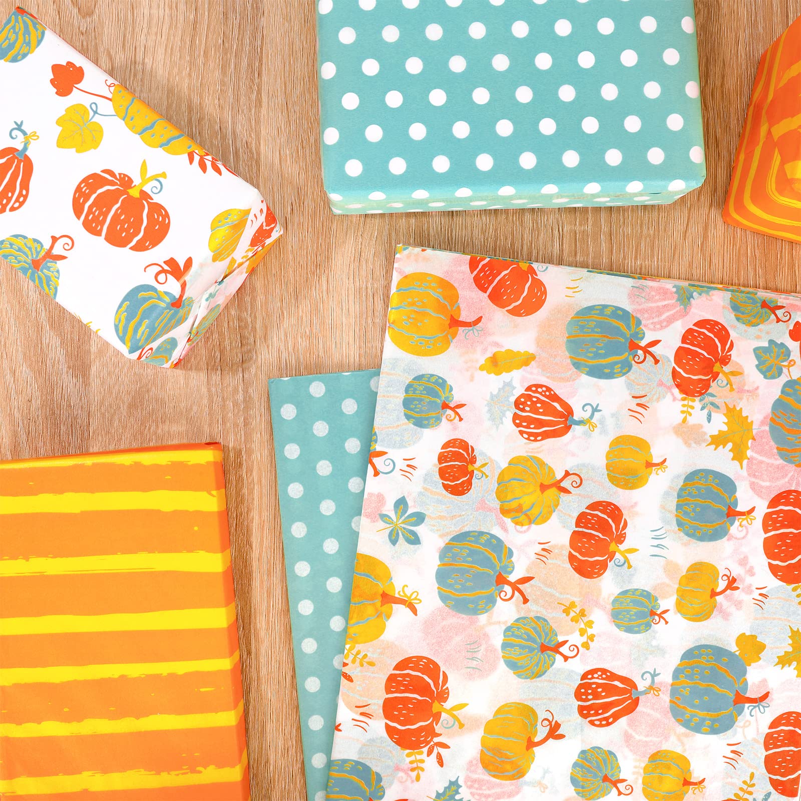 Whaline Fall Tissue Paper - 90 Sheets of Orange & Blue Pumpkin Wrapping Paper (14x20 Inch) for Thanksgiving Gifts, DIY Gift Bags, Party Favors & Autumn Home Decor | Rustic Art Paper for Seasonal Crafts, Table Settings and Festive Celebrations