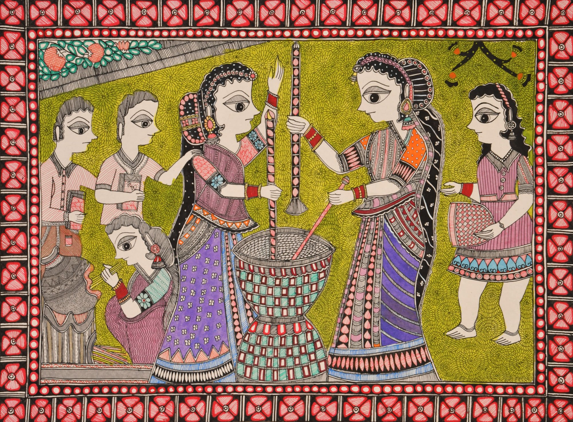 Authentic Madhubani Painting on Handmade Paper - Traditional Indian Folk Art Depicting Women's Daily Life - Perfect for Home Decor, Wall Art & Cultural Gift Giving
