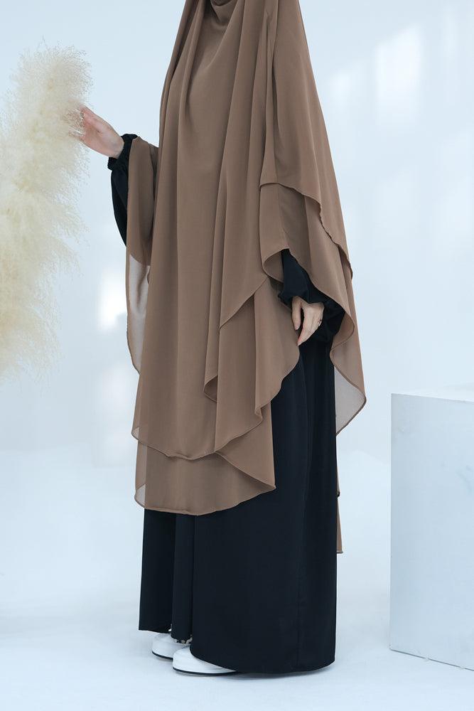 Extra Long Khaki Two Layer Chiffon Khimar Scarf - Elegant Muslim Prayer Shawl for Women, Perfect for Eid, Ramadan & Special Occasions - Lightweight & Breathable Hijab for Daily Wear & Formal Events