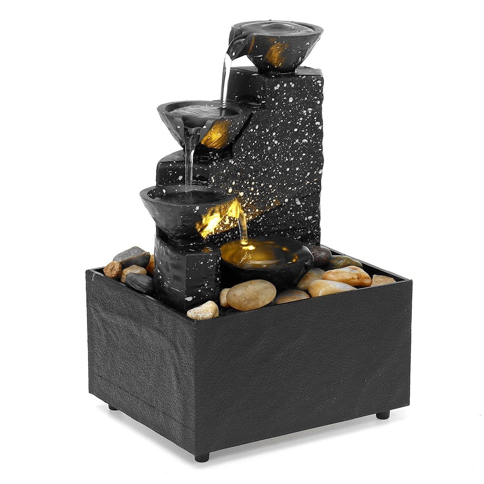 4-Tier Desktop Water Fountain with Relaxing Waterfall Sound - Indoor Zen Decor for Office, Home, or Meditation Space | Tabletop Water Feature with LED Lights & Recycle Pump System