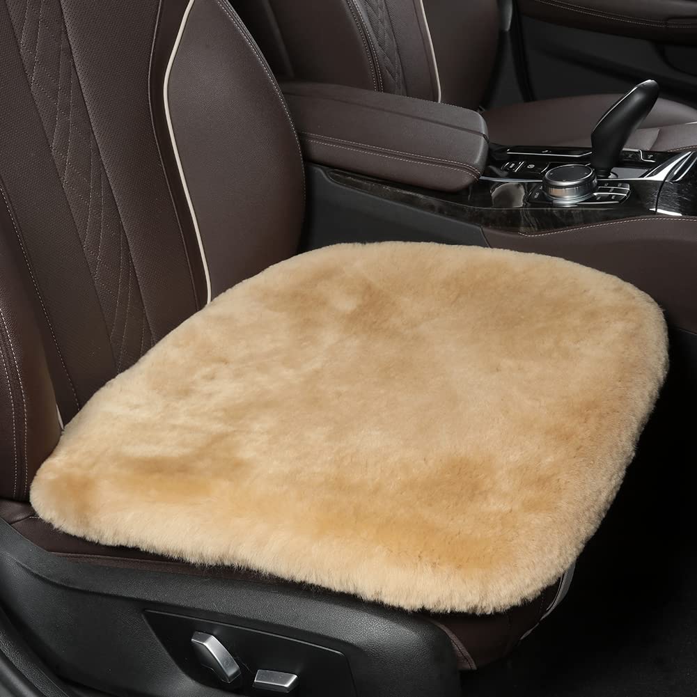 Premium Genuine Sheepskin Car Seat Cushion - Comfortable & Breathable Seat Cover for Cars, Trucks & SUVs - Driver Seat Protector Pad - Ideal for Long Commutes & Office Chairs (Khaki, 1-Piece) - Perfect for Road Trips, Daily Driving & Work Comfort