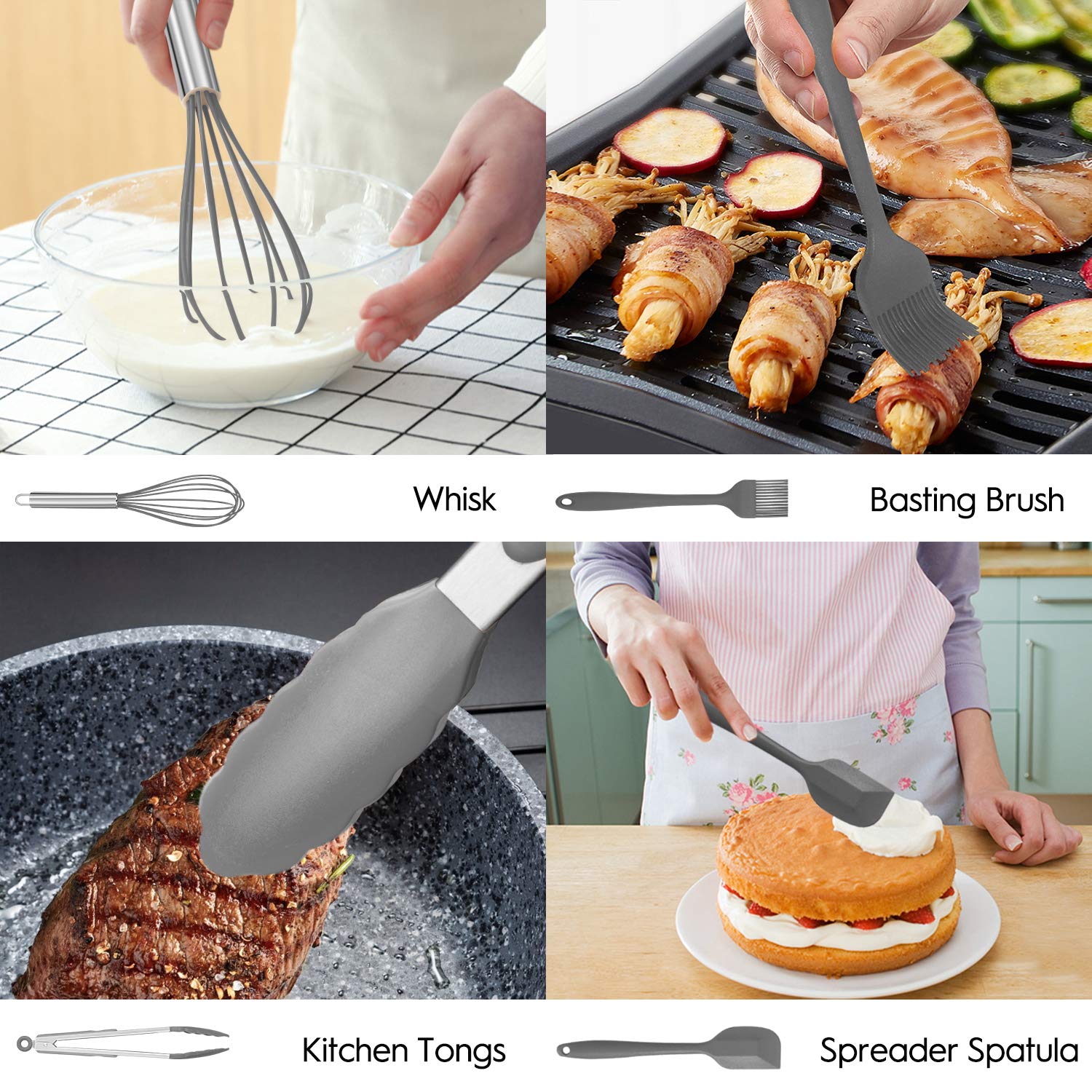 Premium 14-Piece Silicone Cooking Utensil Set - Non-Stick, Heat Resistant Kitchen Tools with Copper Stainless Steel Handles (Turner, Tongs, Spatula, Spoon) - BPA Free & Non-Toxic Cookware for Baking, Frying & Everyday Cooking
