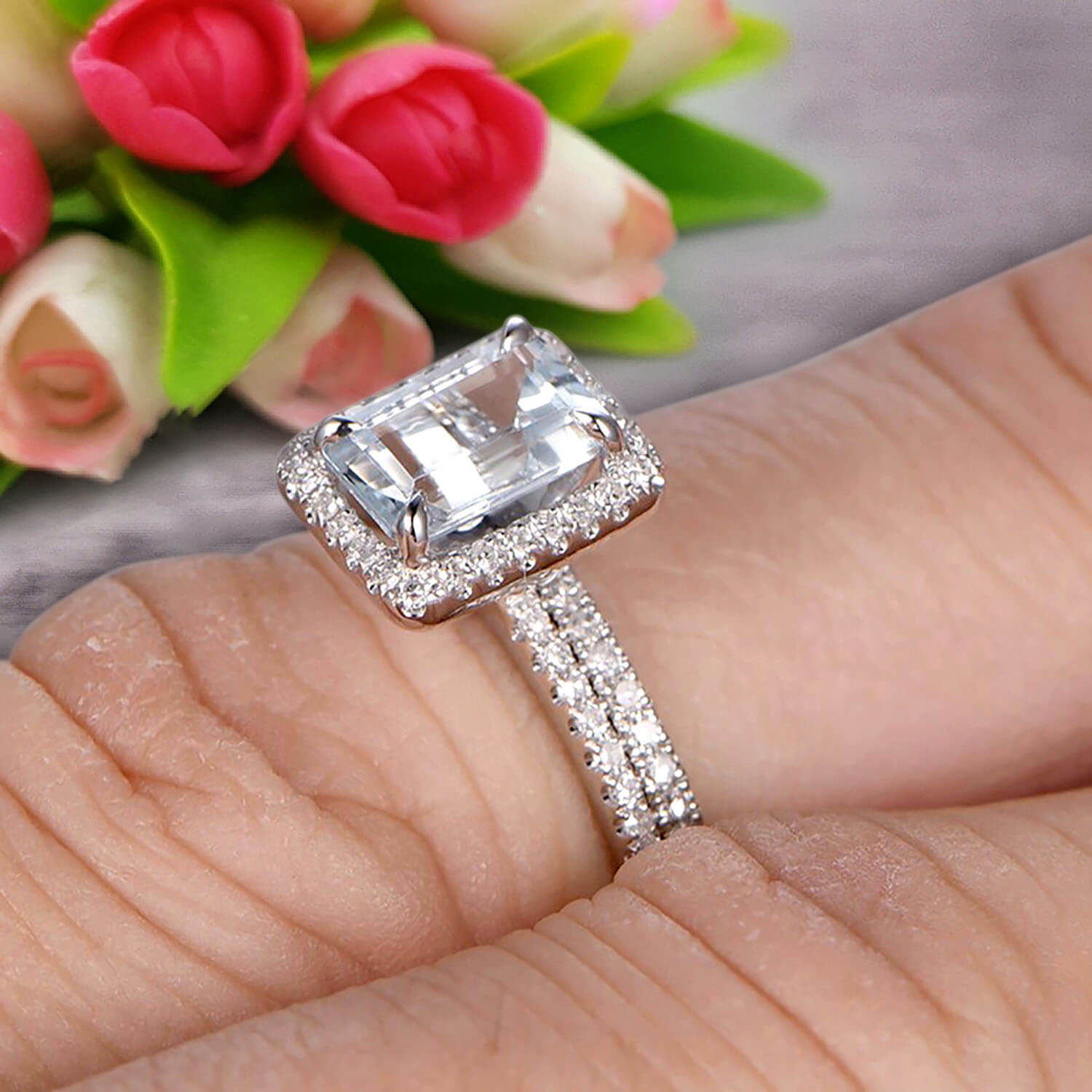 1.75 Carat Emerald Cut Aquamarine Engagement Ring & Wedding Band Set in 10K White Gold – Perfect for Bridal Jewelry, Anniversary Gifts & Special Occasions