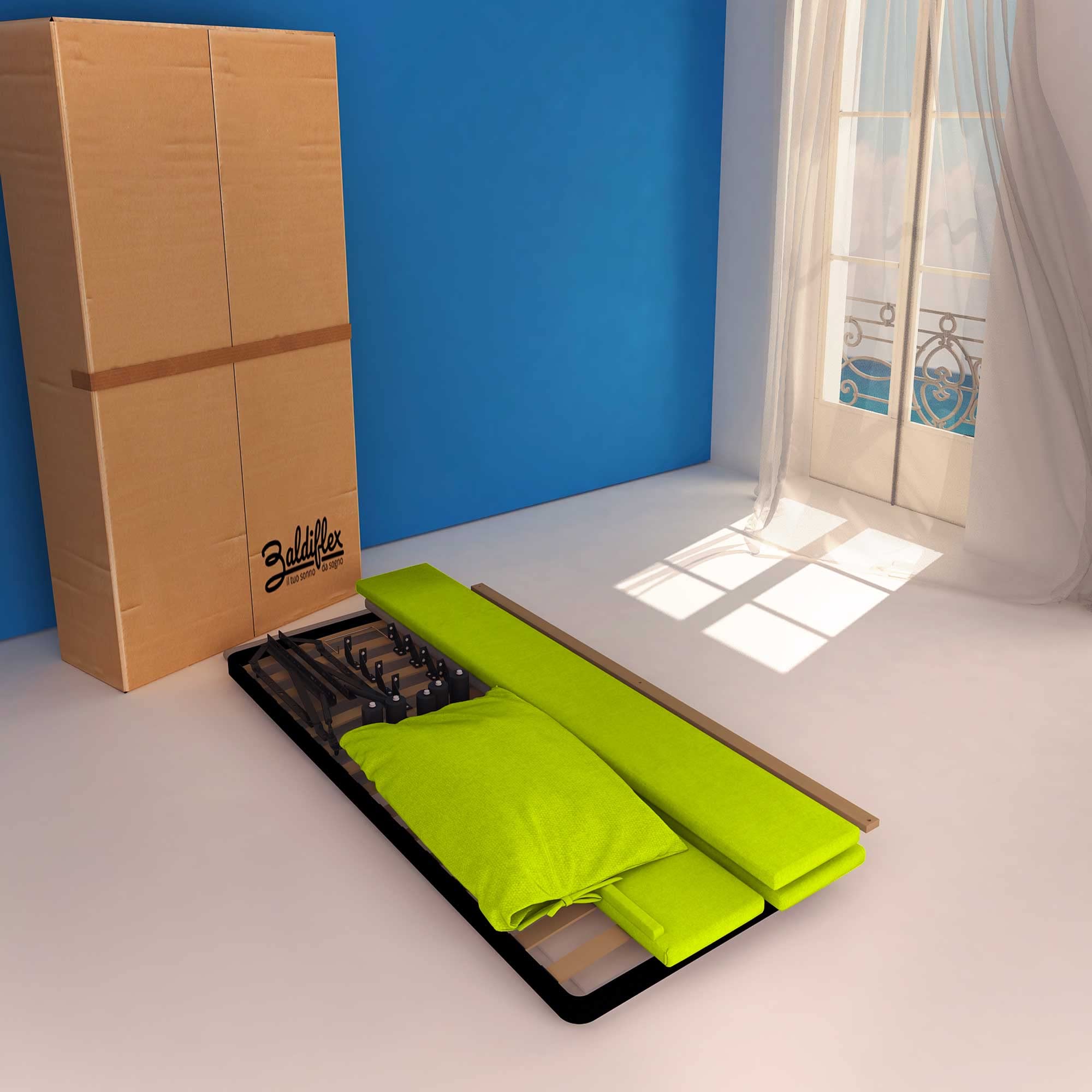 Baldiflex Single Bed with Storage - Licia Soft Synthetic Leather, Slatted Base for Single Mattress, 90 x 190 cm, Padded Headboard, Apple Green - Perfect for Small Bedrooms, Guest Rooms & Studio Apartments