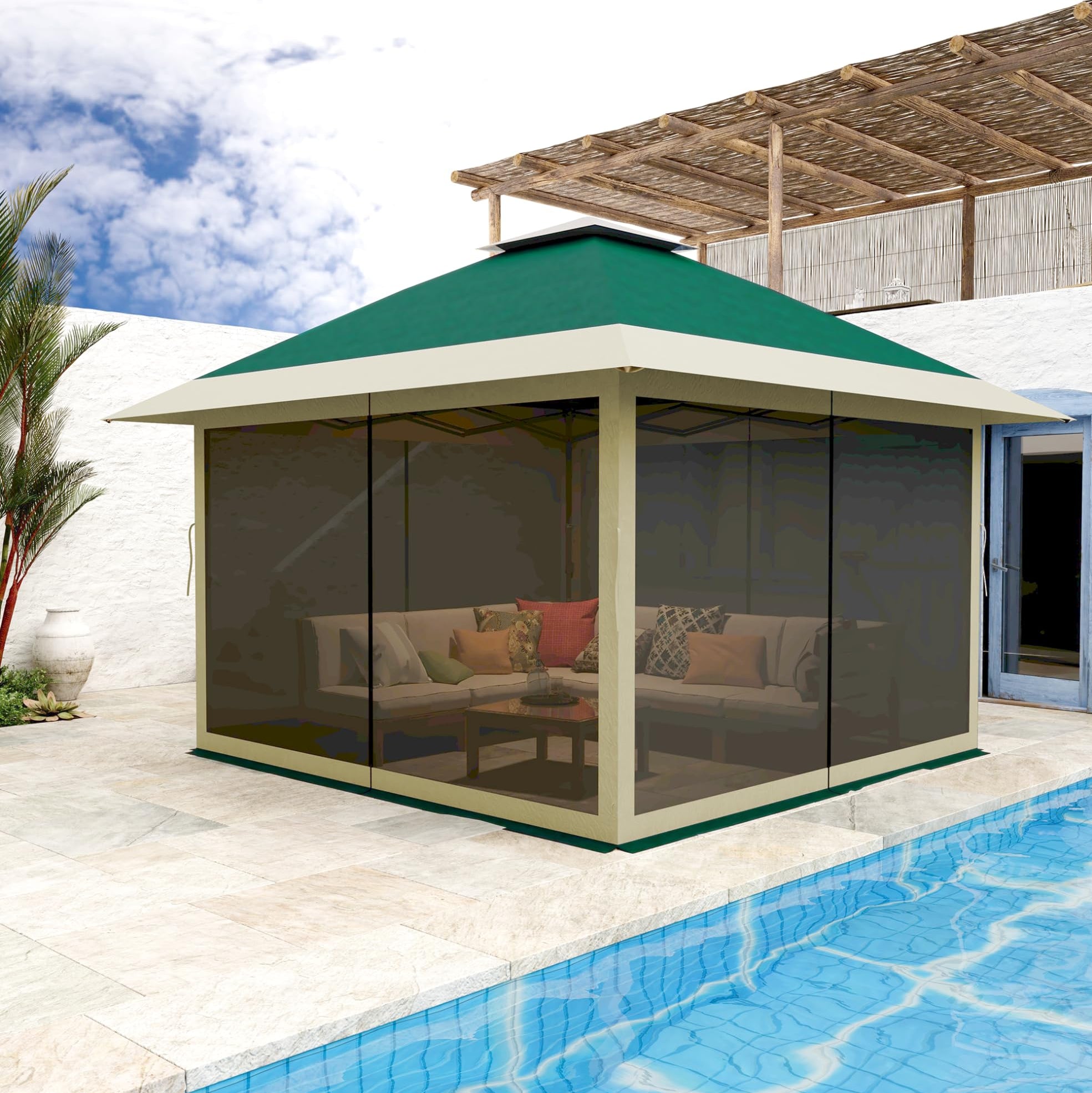 GARVEE 13'x13' Pop Up Canopy Tent with Mosquito Net - Instant Gazebo Shelter for Outdoor Camping, Beach, Backyard, Garden Parties & Picnics (Olive Green + Taupe)