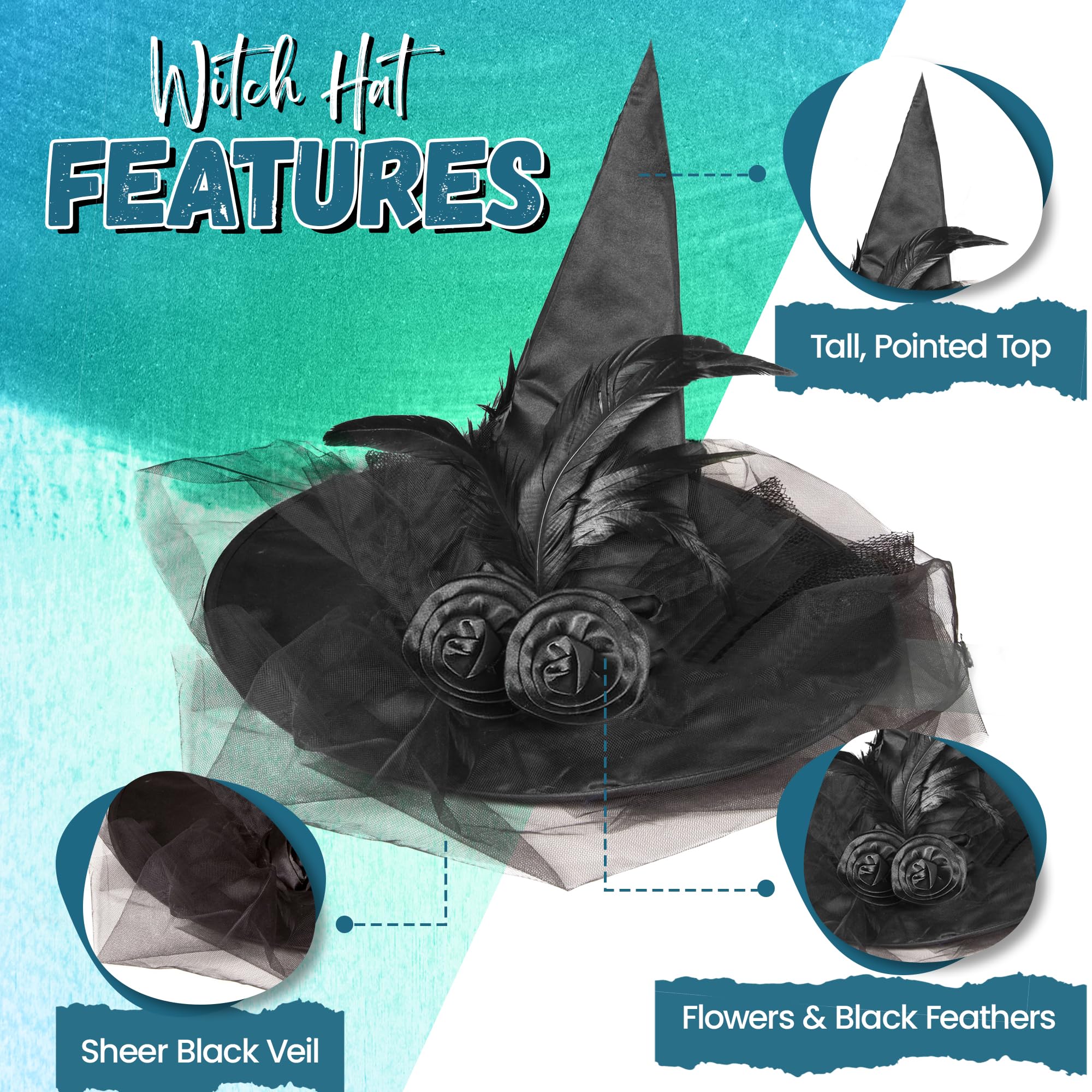 Halloween Witch Hat for Women - Black Witch Hat with Feathers & Lace Veil | Witch Costume Accessories for Women & Girls | Perfect for Halloween Parties, Cosplay & Witch-Themed Events