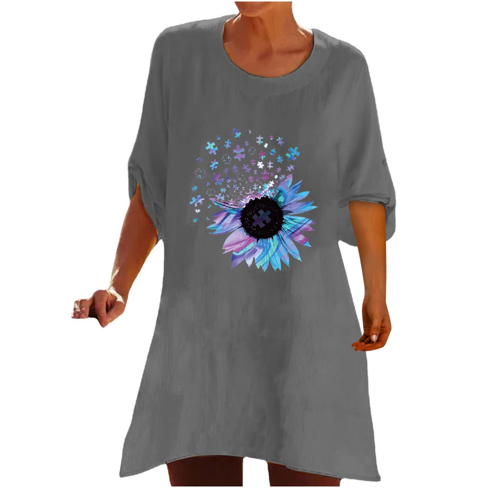 Women's Summer Crewneck Half Sleeve Tunic Shirt - Cotton Linen Blend Casual T-Shirt Top - Trendy Loose Fit Shift Mini Dress for Beach, Vacation & Everyday Wear
